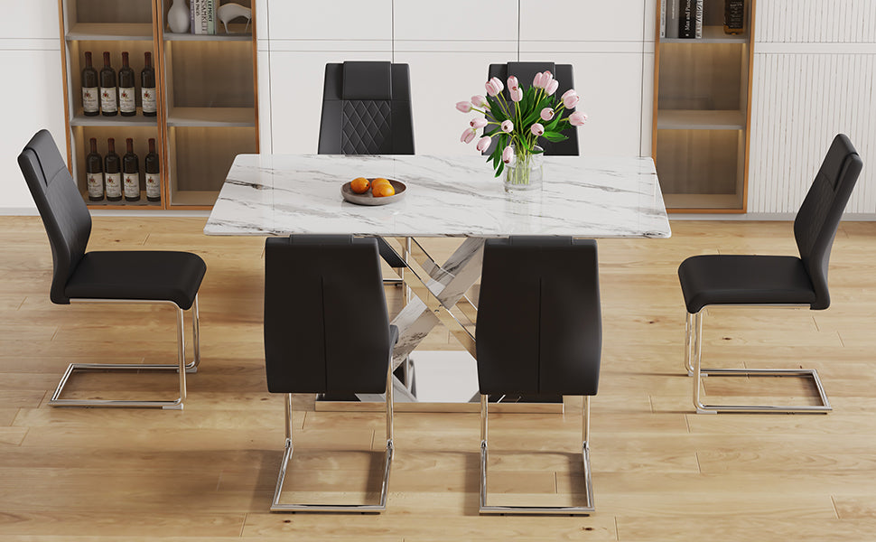 Table And Chair Set, Modern Dining Table, Imitation Marble White Top And Silver Legs, Soft And Comfortable Dining Chair, Perfect For Dinner, Meetings, Home And Office Decor Black Silver Glass Metal