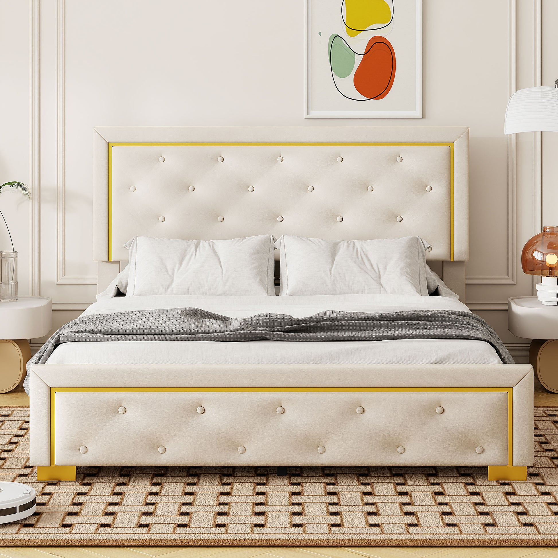 Queen Size Upholstered Platform Bed With Pull Point Headboard And Metal Wire Frame At The Head And Foot Of The Bed, Metal Feet, Velvet, Beige Queen Beige Mdf Lvl