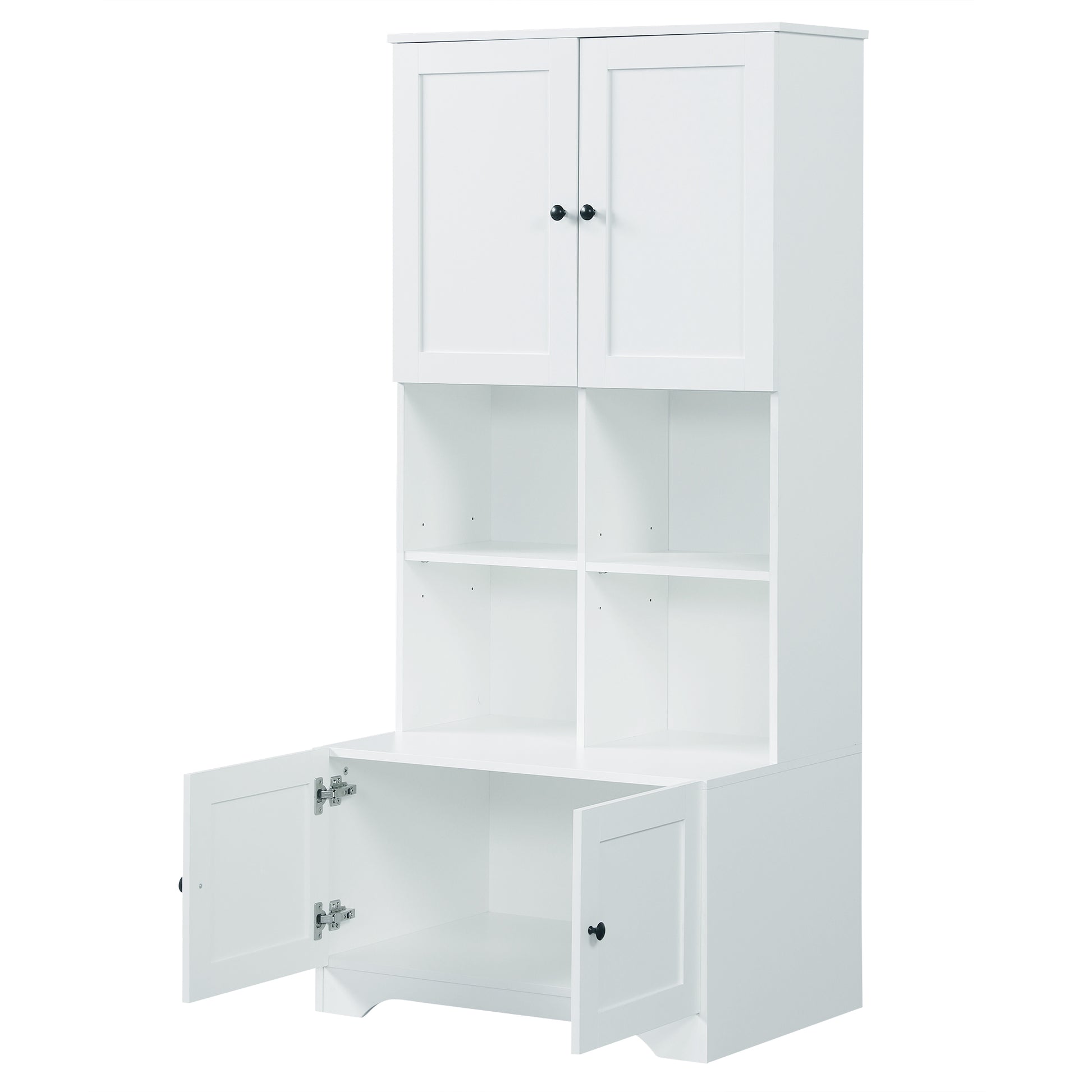 Tall And Wide Bathroom Floor Storage Cabinet, Bathroom Storage Unit, Freestanding Cabinet With 4 Doors, Adjustable Shelves, Open Multi Layer Shelves, White White Mdf