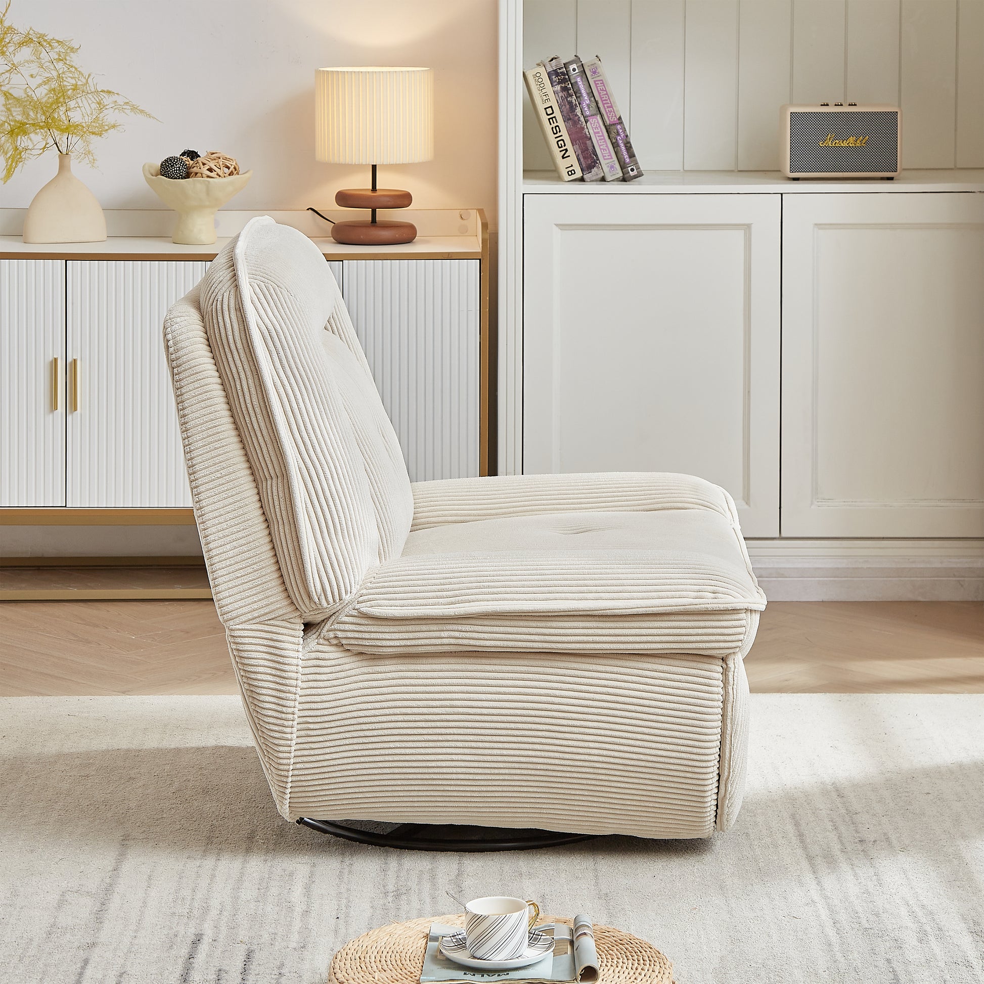 Video 360 Degree Corduroy Swivel Upholstered Manual Recliner Chair,Theater Recliner Sofa,Nursery Glider Rocker For Living Room Beige Corduroy