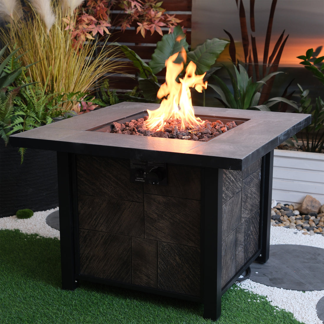 50000 Btu, Csa Certification Square Gas Fire Table ,Contain 5 Kg Lava Stone And Rainproof Cover,Magnesium Oxide Wood Grain Surface Finished,More Suitable For Outdoor Garden Backyard And Durable