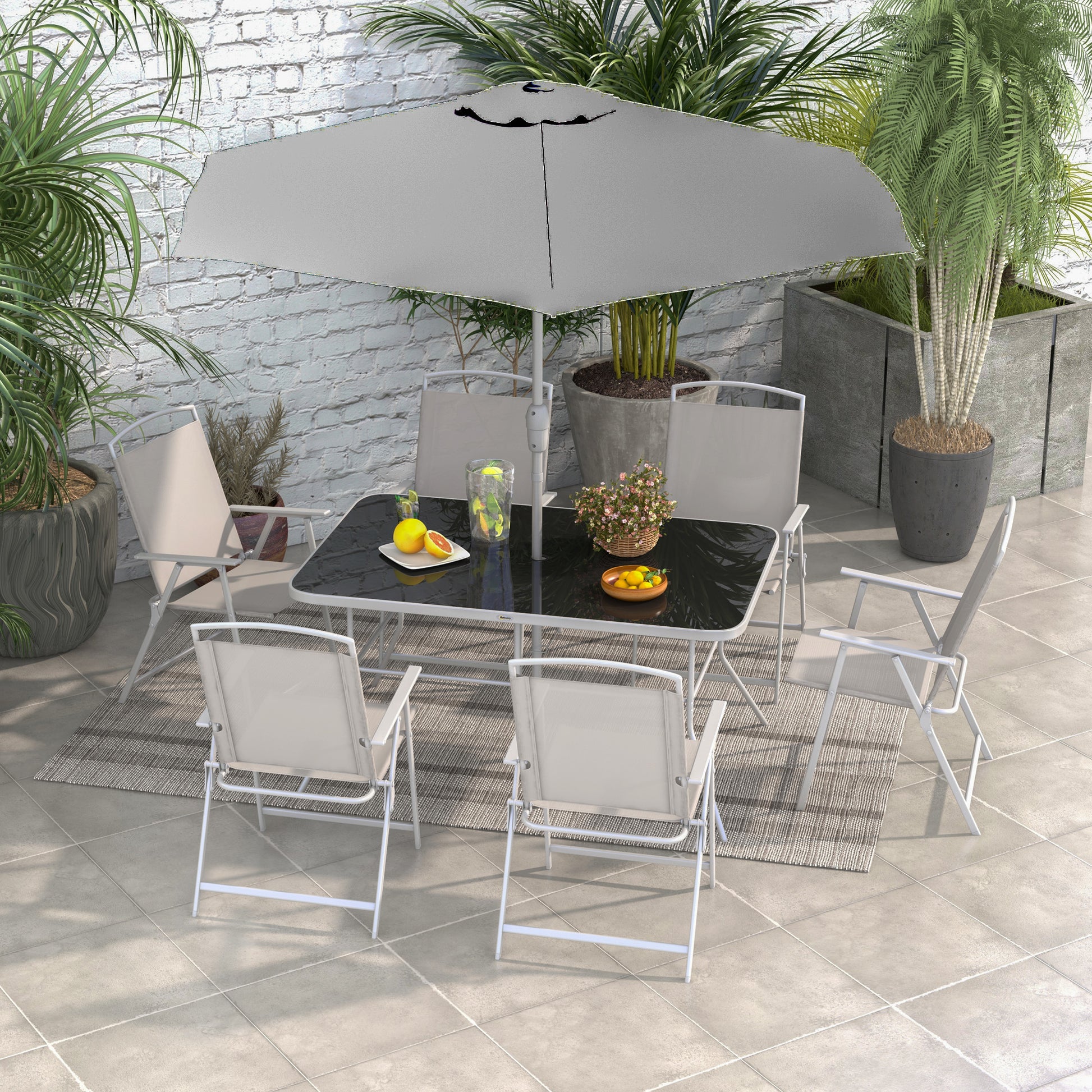 grey patio set with umbrella Outsunny 8 Piece Patio Dining Set With Table Umbrella, 6 Folding Chair