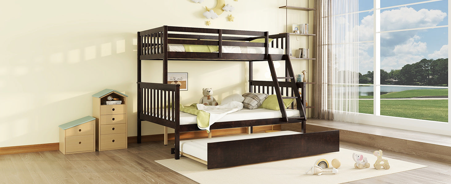 Twin Over Full Rubber Wood Bunk Bed With Trundle, Convertible Ladder And Guardrail, Detachable, Convertible Bed, With Twin Size Trundle ,Espresso Twin Espresso Rubber Wood