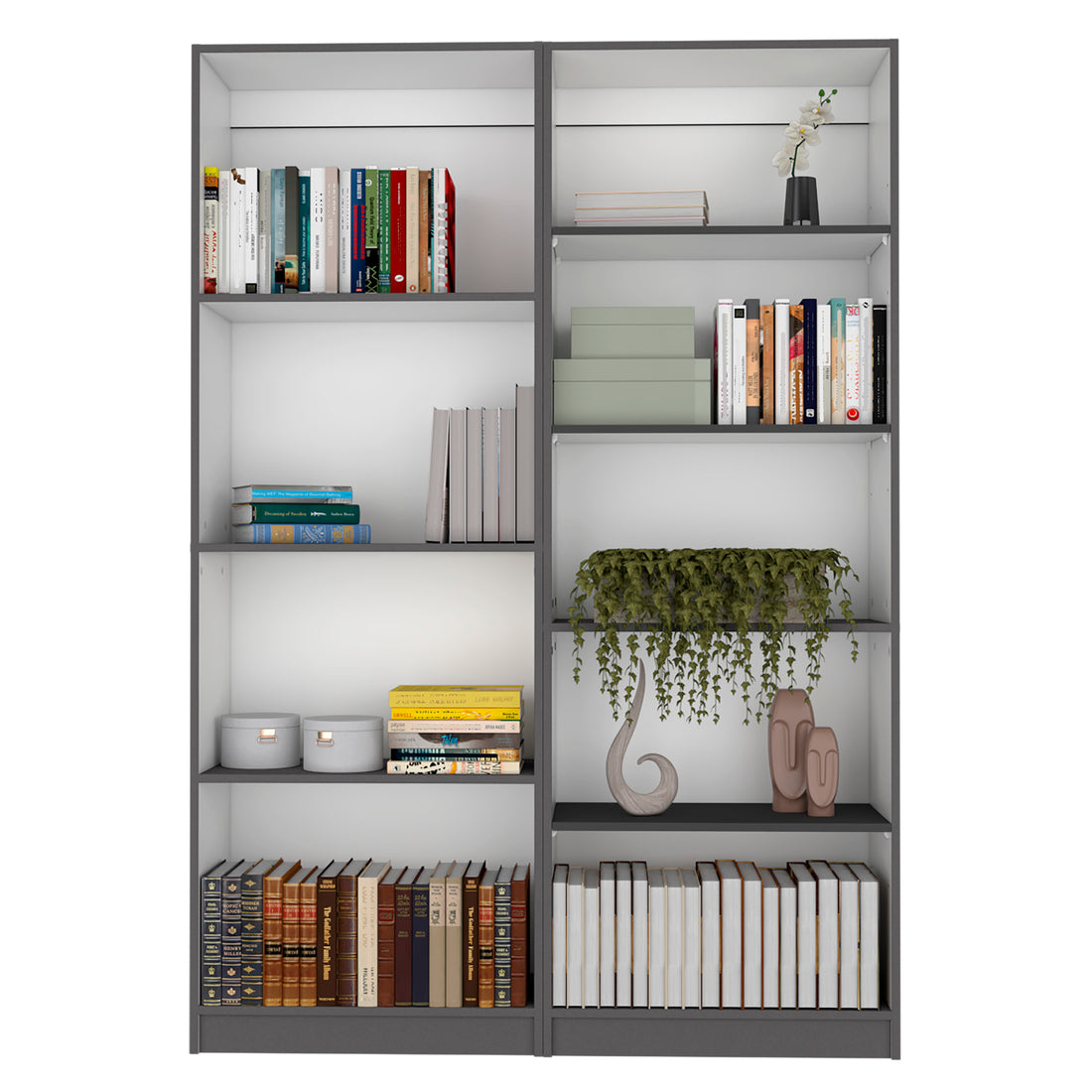 2 Piece Bookcase Living Room Set, Storage Cabinet, 49" Wide And 9 Shelves Matt Gray White 5 Or More Shelves Multicolor Office Modern Particle Board