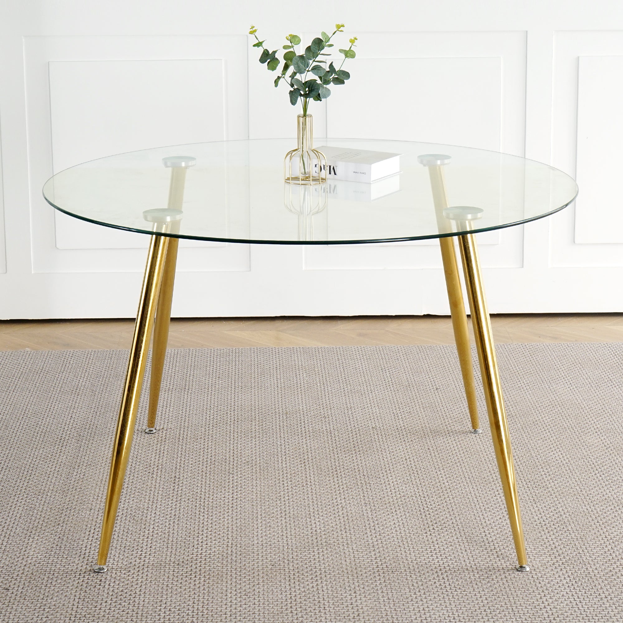 Modern Simple Glass Table, High Quality Tempered Glass Metal Material, Gold Plated Table Legs, Suitable For Restaurant Kitchen Set Of 1 Gold Round Glass