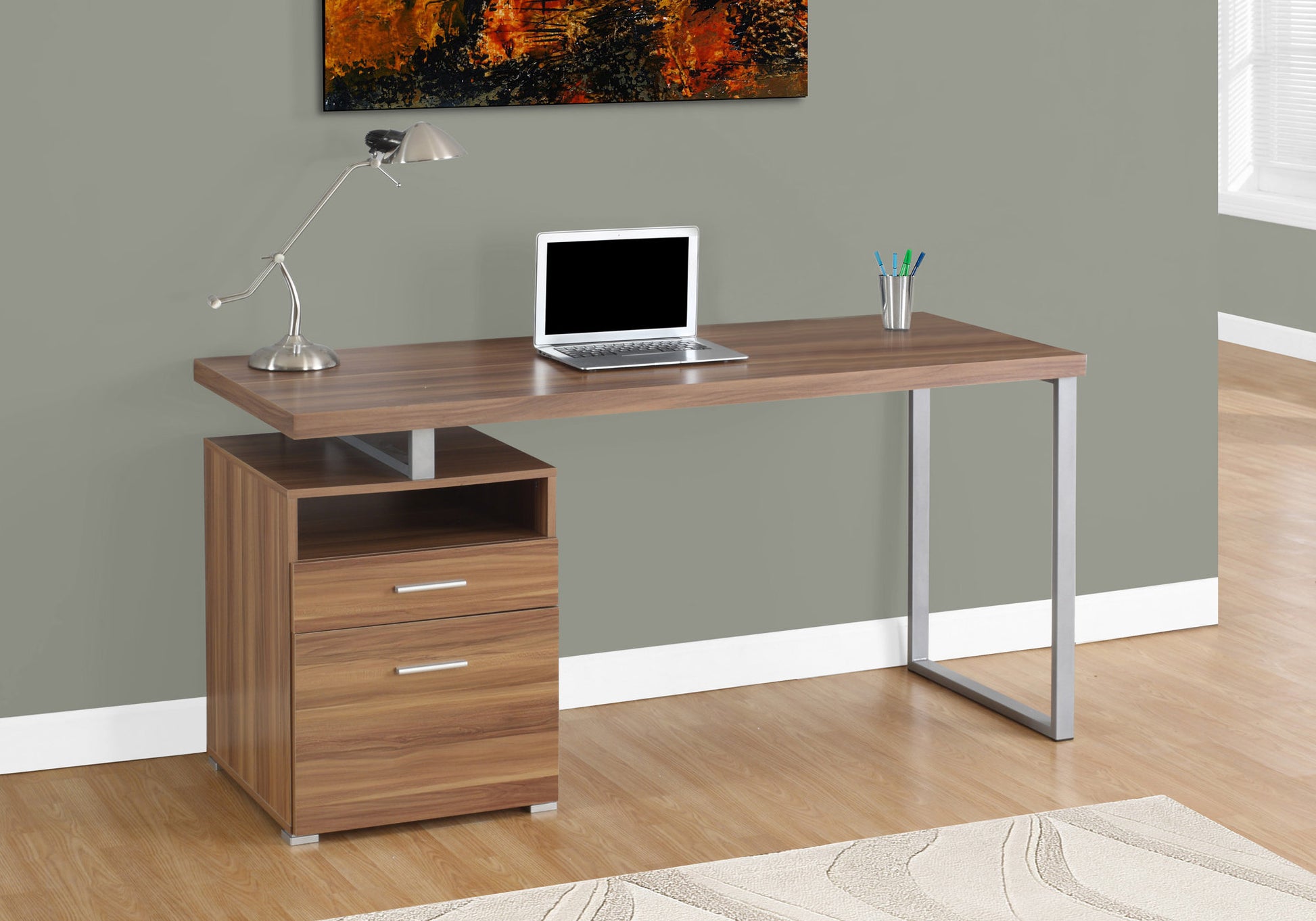 Computer Desk, Home Office, Laptop, Left, Right Set Up, Storage Drawers, 60"L, Work, Walnut Laminate, Grey Metal, Contemporary, Modern Walnut Particle Board