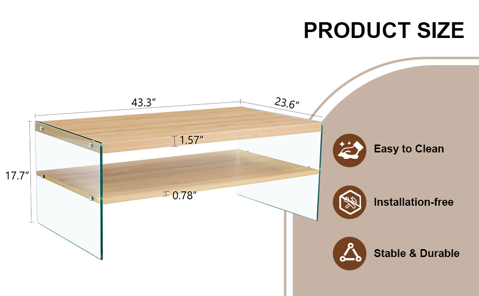 Double Layered Rectangular Coffee Table.The Board Is Made Of Mdf With Wooden Stickers, With Transparent Tempered Glass On Both Side.Suitable For Various Occasions Such As Living Rooms And Bedrooms. Wood Mdf Glass