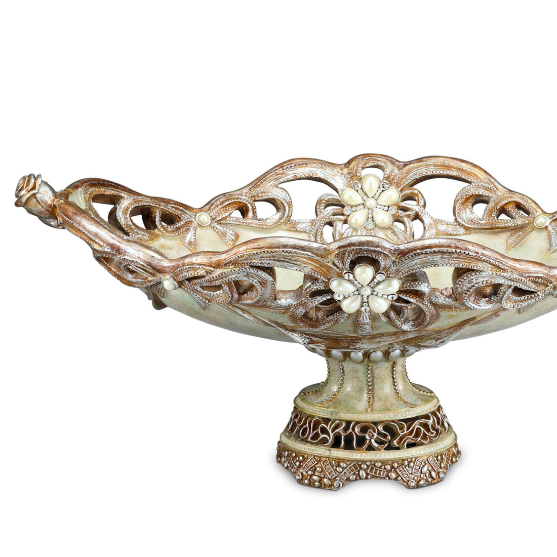 9" Tall Polyresin Decorative Fruit Bowl, Vintage Rose Design Gold Polyresin