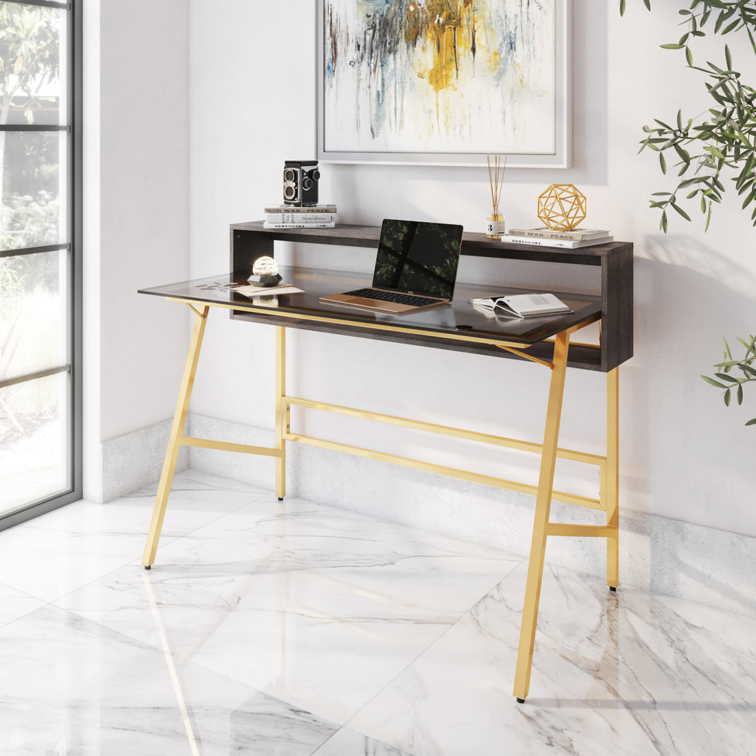 Techni Mobili Home Office Writing Desk With Riser, Gold Gold Writting Desk Office Modern Rectangular Rectangular Mdf Metal