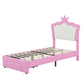 Twin Size Upholstered Bed Frame With Led Lights, Modern Upholstered Princess Bed With Crown Headboard, A Drawer, Pink White Box Spring Not Required Twin Pink White Wood Bedroom Modern Bed Frame Pu