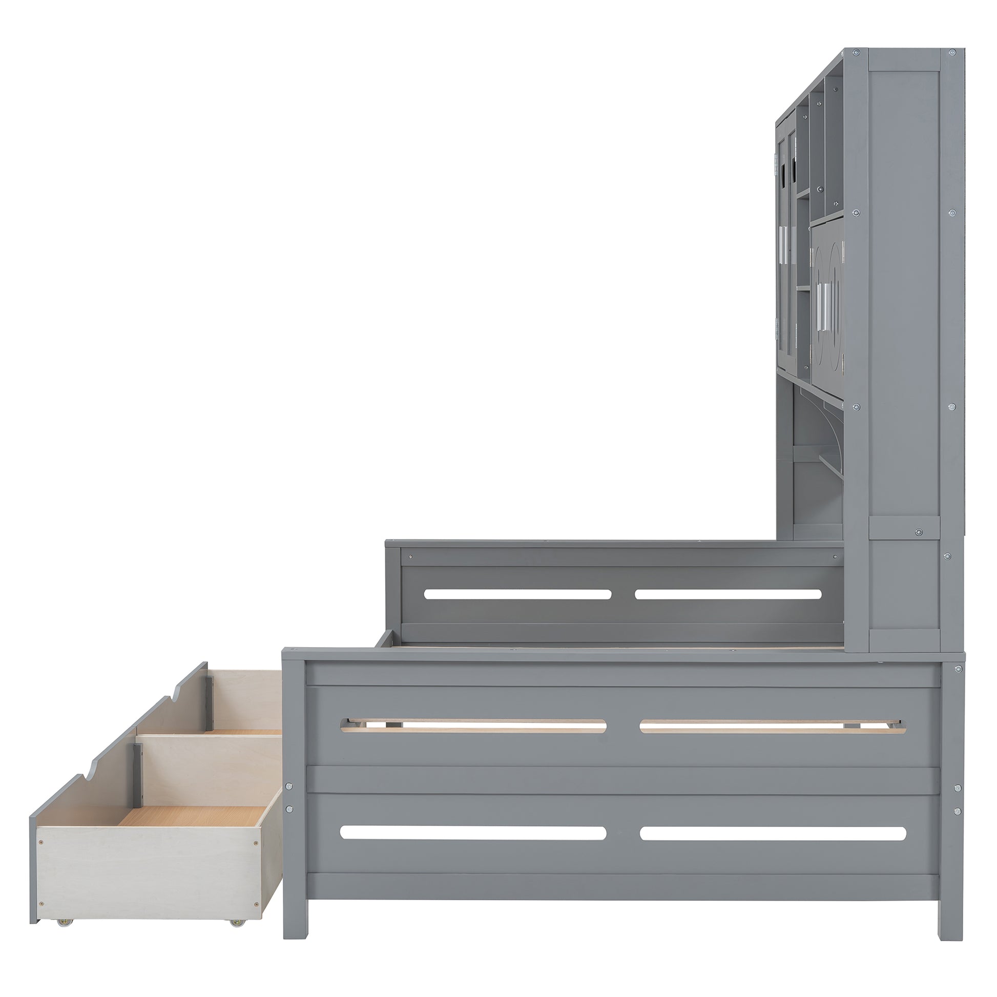 Full Size Wooden Daybed With 2 Drawers, And All In One Cabinet And Shelf, Gray Full Gray Wood