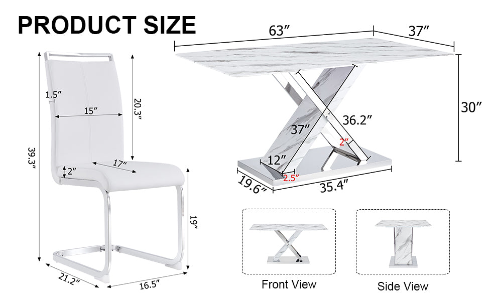 Table And Chair Set, Modern Dining Table, Imitation Marble White Top And Silver Legs, Soft And Comfortable Dining Chair, Perfect For Dinner, Meetings, Home And Office Decor White Silver Glass Metal