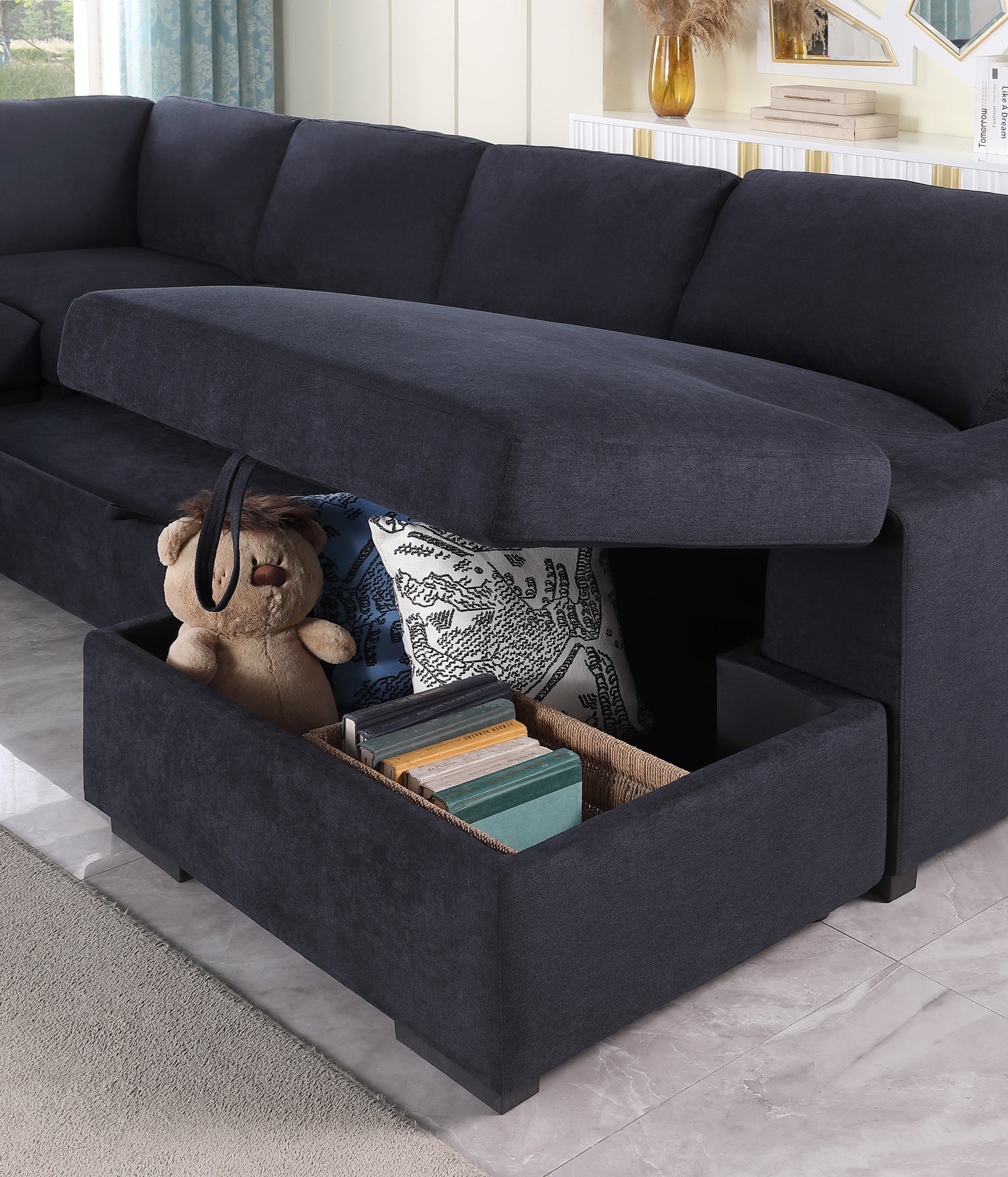 Selene Ii 117.5"W Dark Gray Woven Fabric Sleeper Sectional Sofa With Right Facing Storage Chaise Dark Gray Fabric 6 Seat