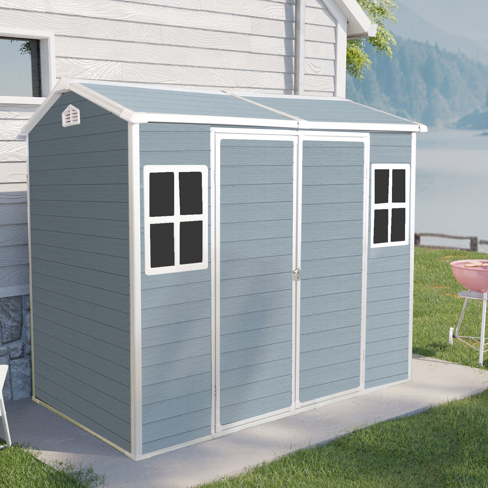 8X4Ft Resin Outdoor Storage Shed With Two Window And Double Door,Plastic Shed With Floor For Gargen,Patio,Yard,Lawn,Grey Grey Polypropylene