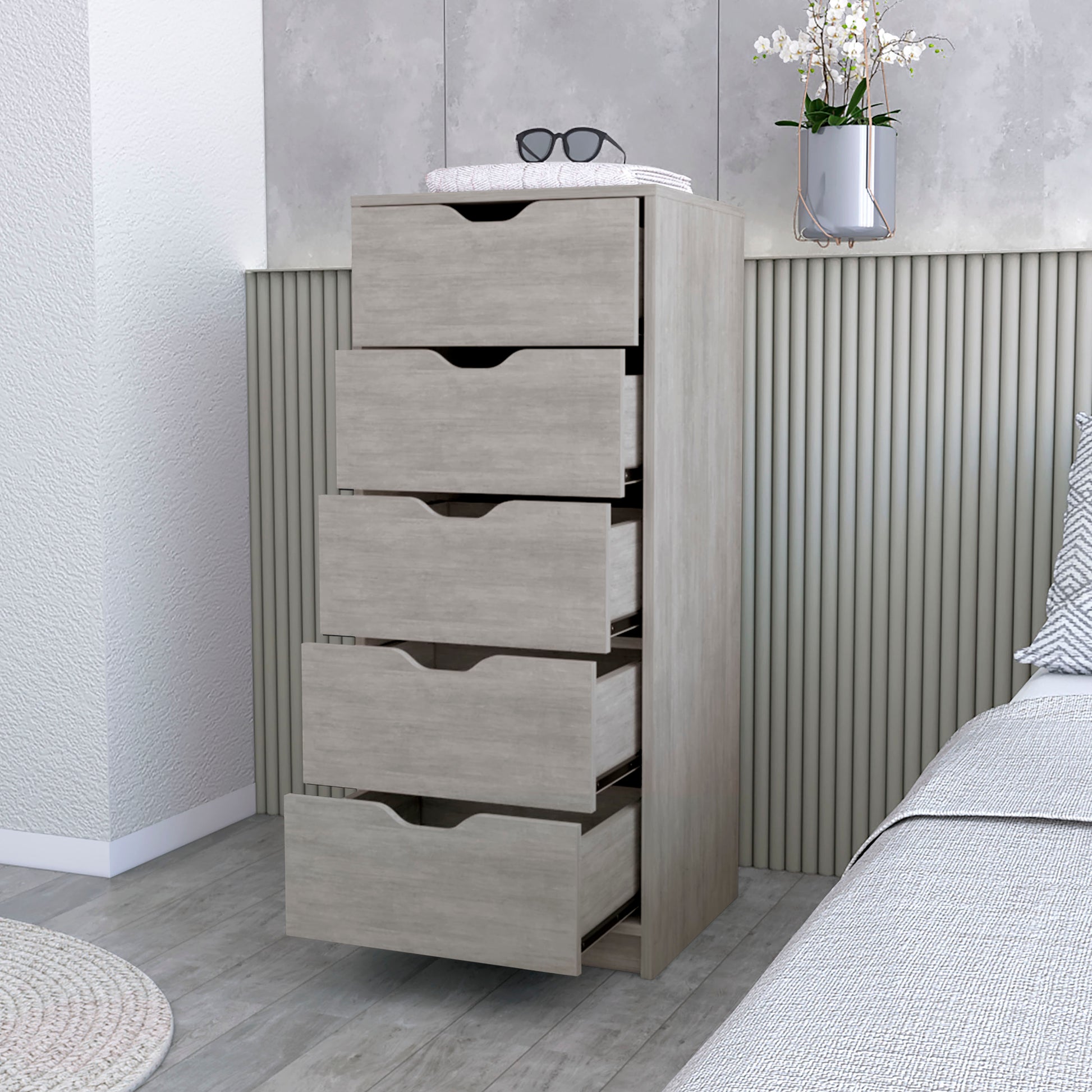 Dillon 5 Narrow Drawer Dresser, Tall Chest Of Drawers Gray Bedroom Contemporary Melamine Engineered Wood