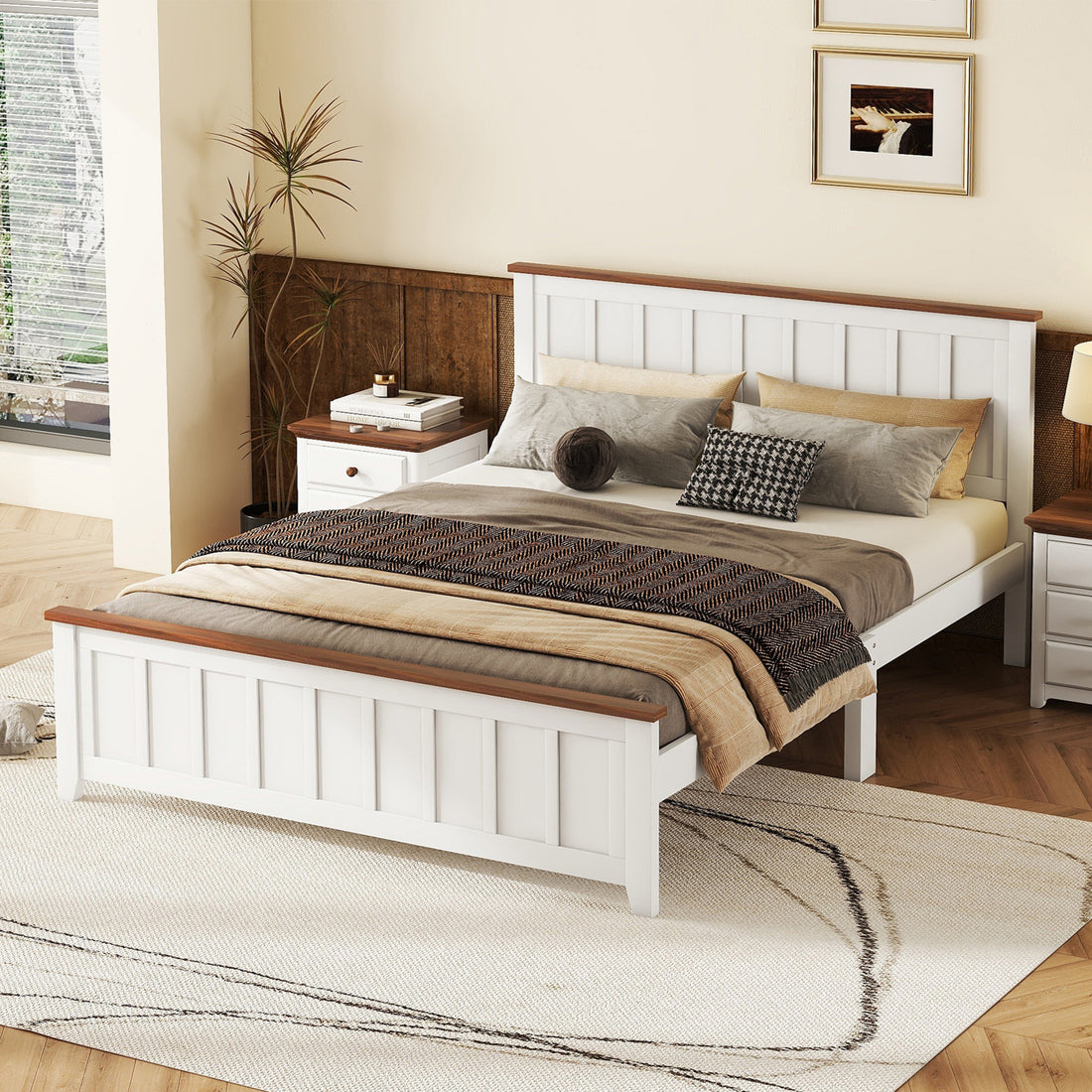 Queen Size Wood Platform Bed Wooden Slat Support, Vintage Simple Bed Frame With Rectangular Headboard And Footboard, White Box Spring Not Required Queen White Wood