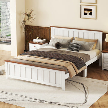 Queen Size Wood Platform Bed Wooden Slat Support, Vintage Simple Bed Frame With Rectangular Headboard And Footboard, White Box Spring Not Required Queen White Wood