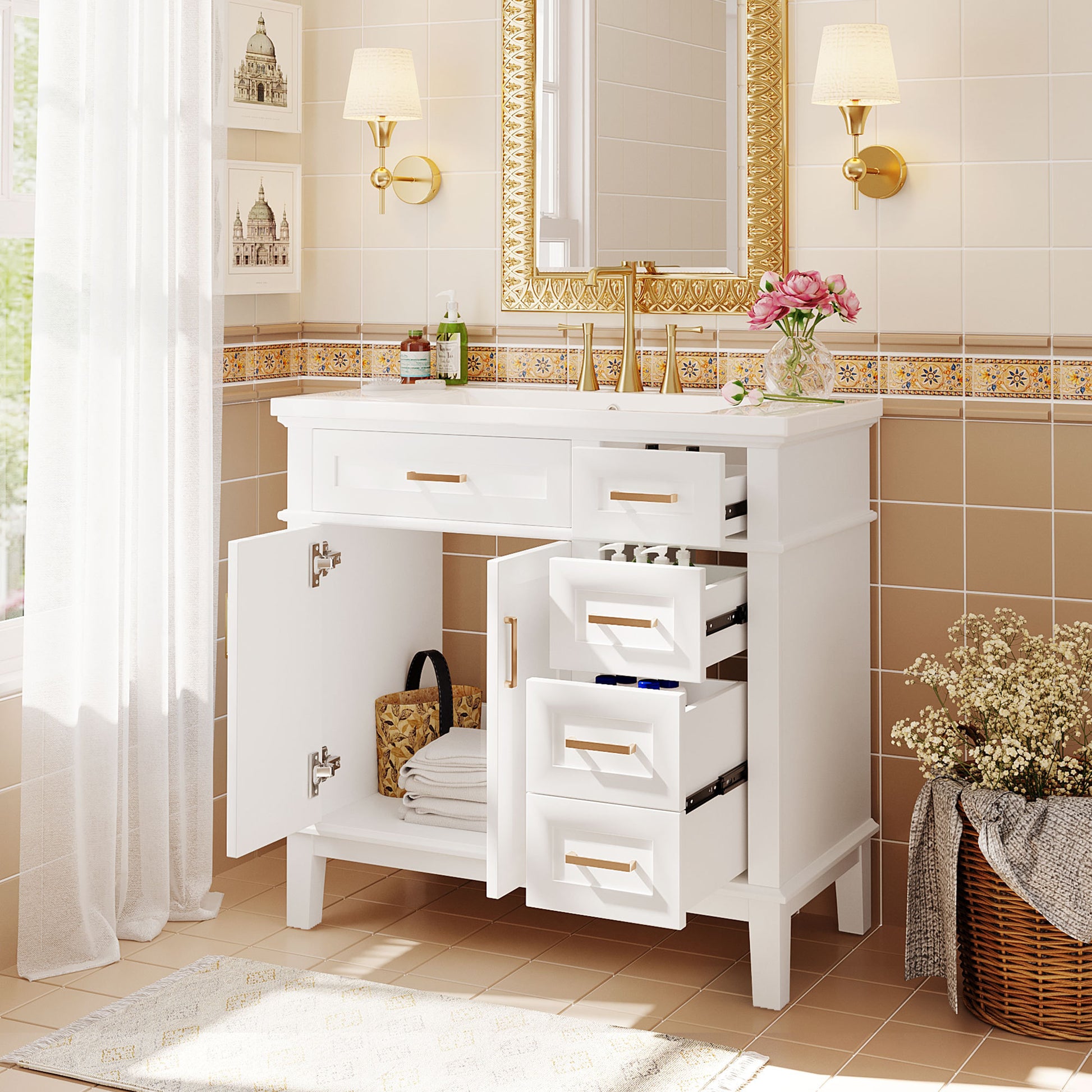 36 Inch Bathroom Vanity With Resin Sink, Modern Bathroom Cabinet In White,Featuring Two Soft Close Doors And Four Drawers White Bathroom Solid Wood Mdf Resin