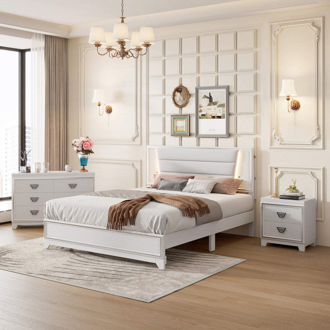 3 Pieces Bedroom Sets Queen Size Upholstered Bed With Led Lights, Nightstands And Dresser With Metal Handles And Sparkling Shiny Decoration, White Queen White 3 Piece Set Mdf Metal