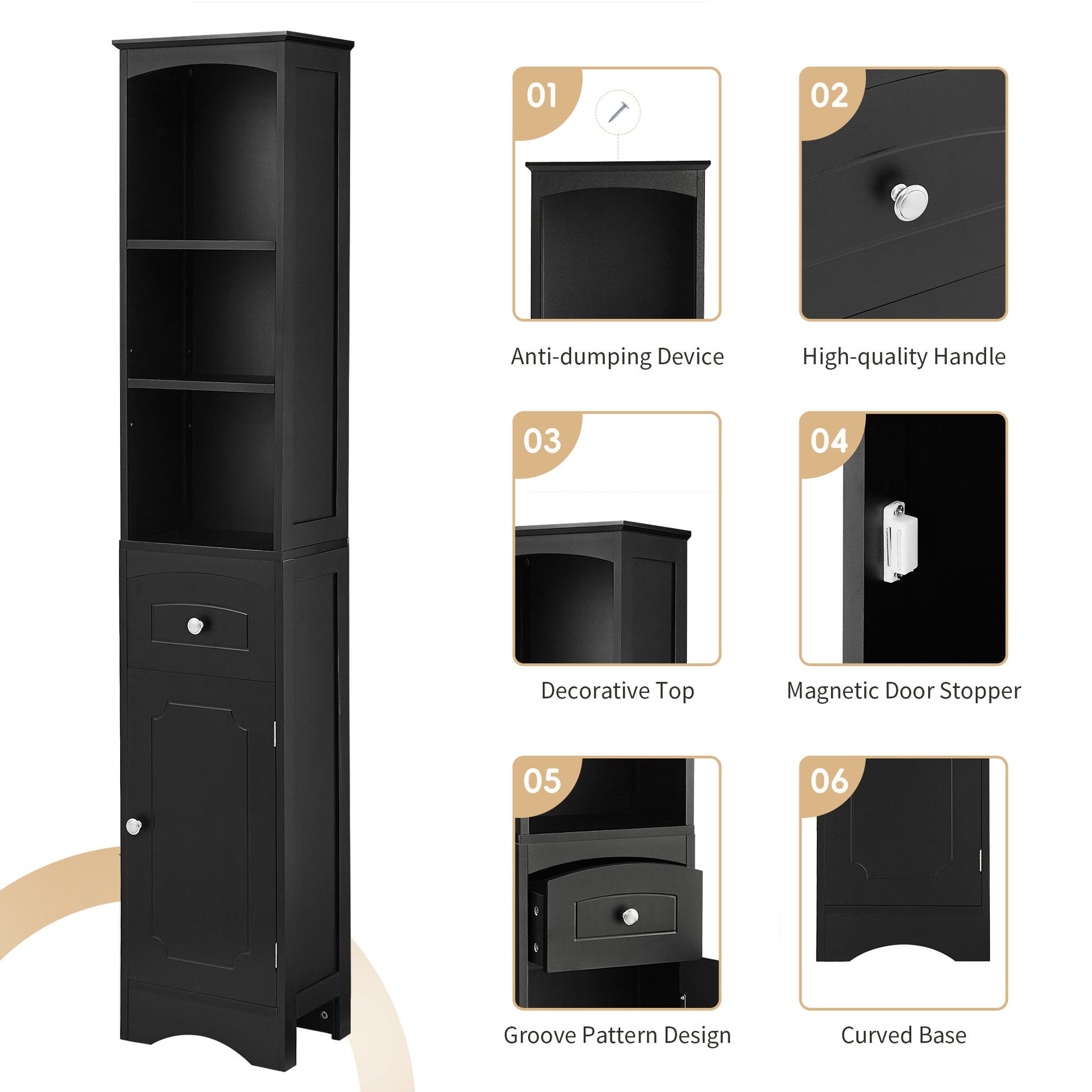 Tall Bathroom Cabinet, Freestanding Storage Cabinet With Drawer, Mdf Board, Adjustable Shelf, Black Black Mdf