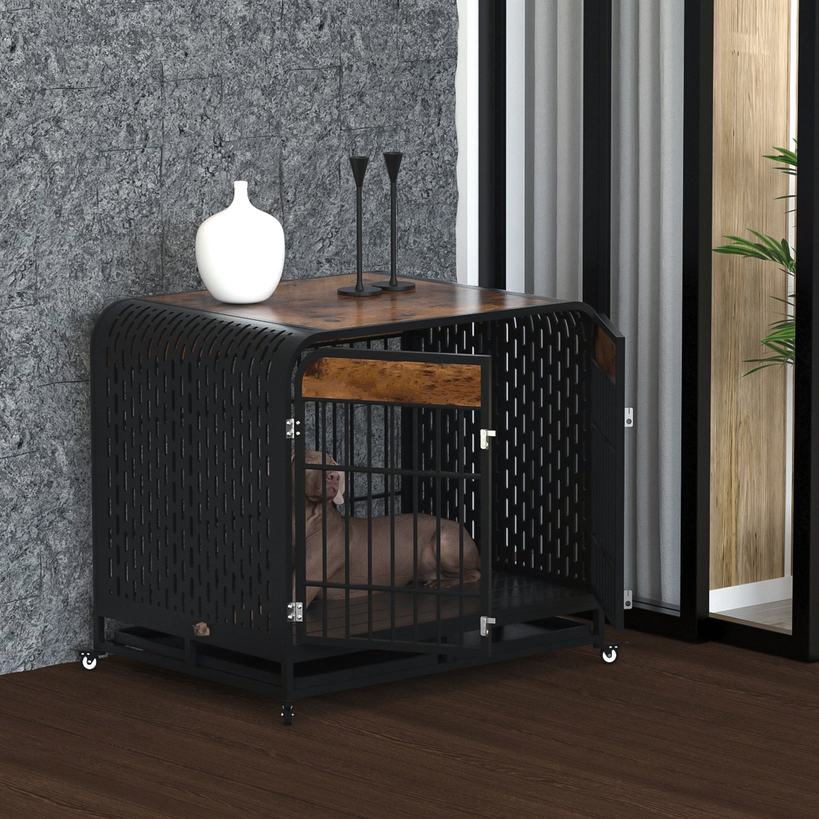 Heavy Duty Dog Crate Furniture Wooden Table Pet Dog Cage Kennel House Indoor Side End Table Decor With Removable Trays And Lockable Wheels For Medium And Large Dogs 42" Brown Brown Outdoor Kennel Large 41 70 Lbs Mdf Steel