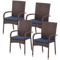 Outsunny Stackable Pe Rattan Outdoor Dining Chairs With Cushions, Set Of 4 Patio Wicker Dining Chairs With Armrests And Backrest For Patio, Deck, Cream Blue Blue Brown Steel