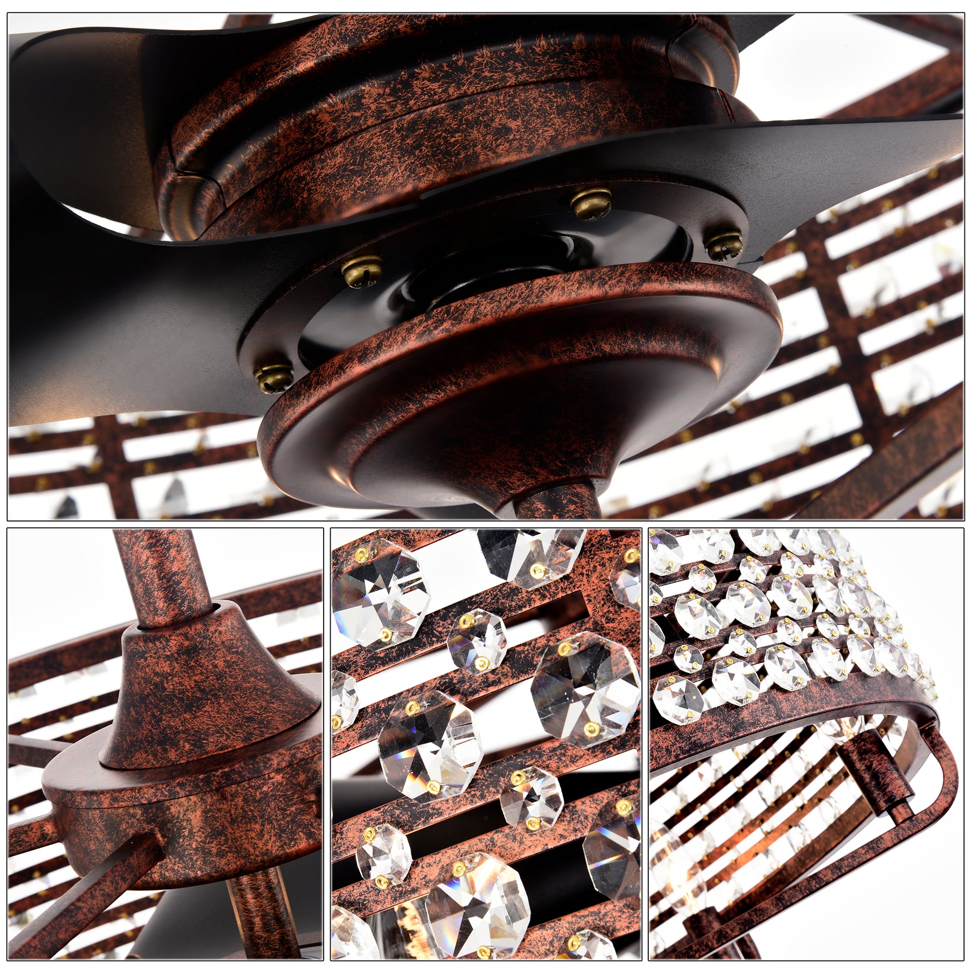 Dia 26.8 Inch Chandelier Ceiling Fan ,Crystal Shade Ceiling Fan With Remote Control,3 Abs Blade 4 Light No Include Bulb Rustic Brown American Design,American Traditional,Classic,Contemporary,Farmhouse Abs Metal