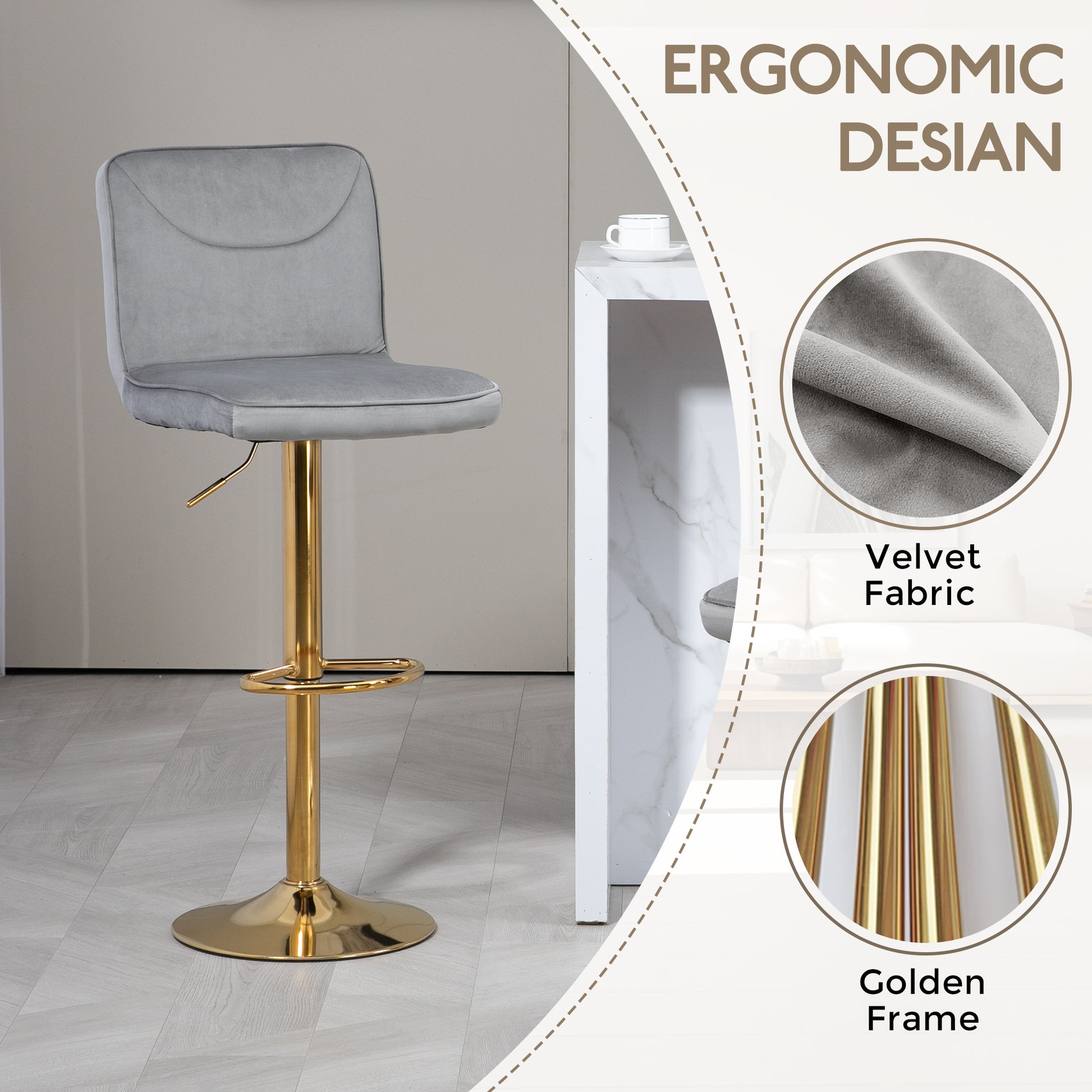 Coolmore Bar Stools With Back And Footrest Counter Height Dining Chairs 2Pc Set,360 Velvet Swivel Bar Stools Set Of 2, Adjustable Counter Height Bar Chairs Gray Velvet Gray Primary Living Space Foam Velvet