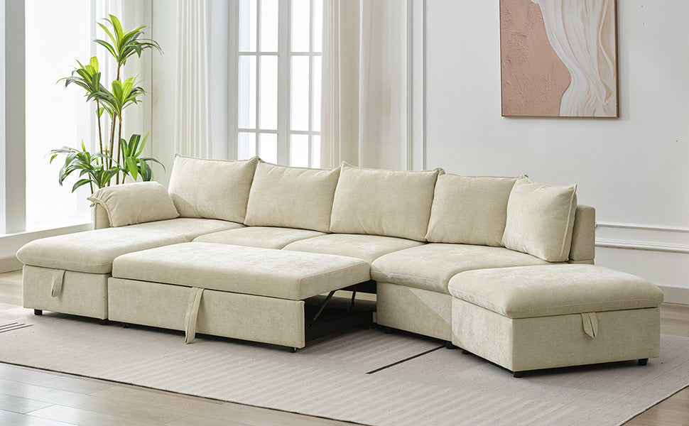 146.9" L Shaped Sofa Sectional Sofa Couch Pull Out Sofa Bed With A Movable Storage Ottoman, A Storage Chaise Lounge And Two Usb Ports For Living Room, Beige Beige Foam Linen 5 Seat