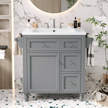 30'' Bathroom Vanity With Top Sink, Modern Bathroom Storage Cabinet With 2 Drawers And A Tip Out Drawer, Single Sink Bathroom Vanity Same As N710S130001E Grey Bathroom Modern Solid Wood Mdf Resin