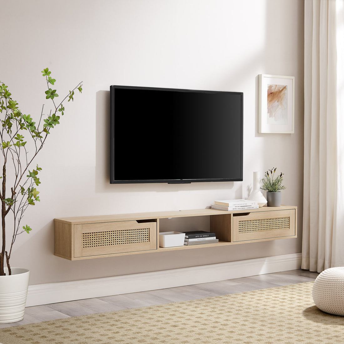 Modern Rattan Door Floating Tv Stand For Tvs Up To 80 Inches Coastal Oak Light Brown 80 89 Inches Mdf