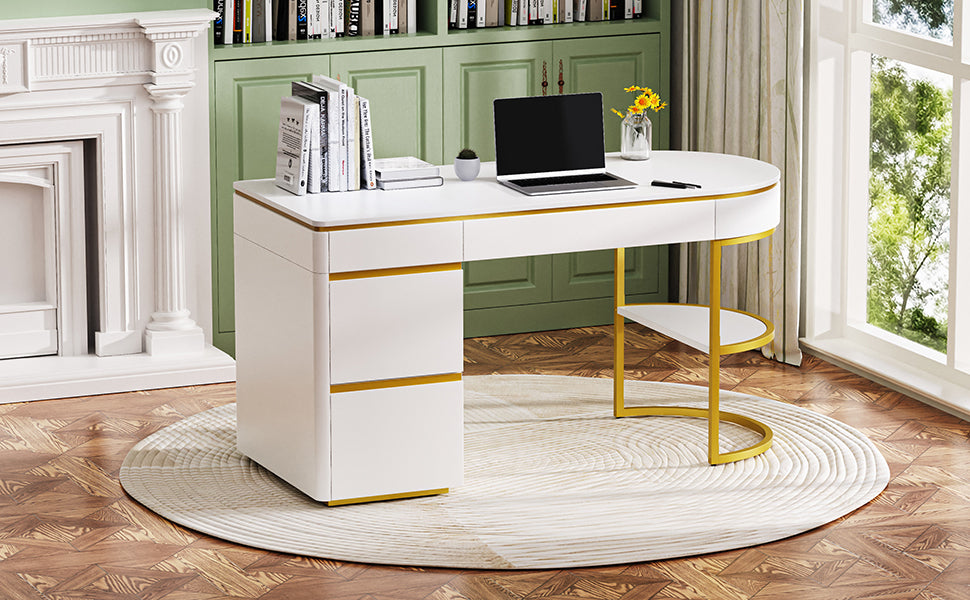 60''Modern Executive Desk,White Curved Computer Desk With Gold Metal Legs,3 Drawers Home Office Desk,Writing Desk With 1 Storage Cabinet For Home Office,Living Room,Gold White Gold White Mdf