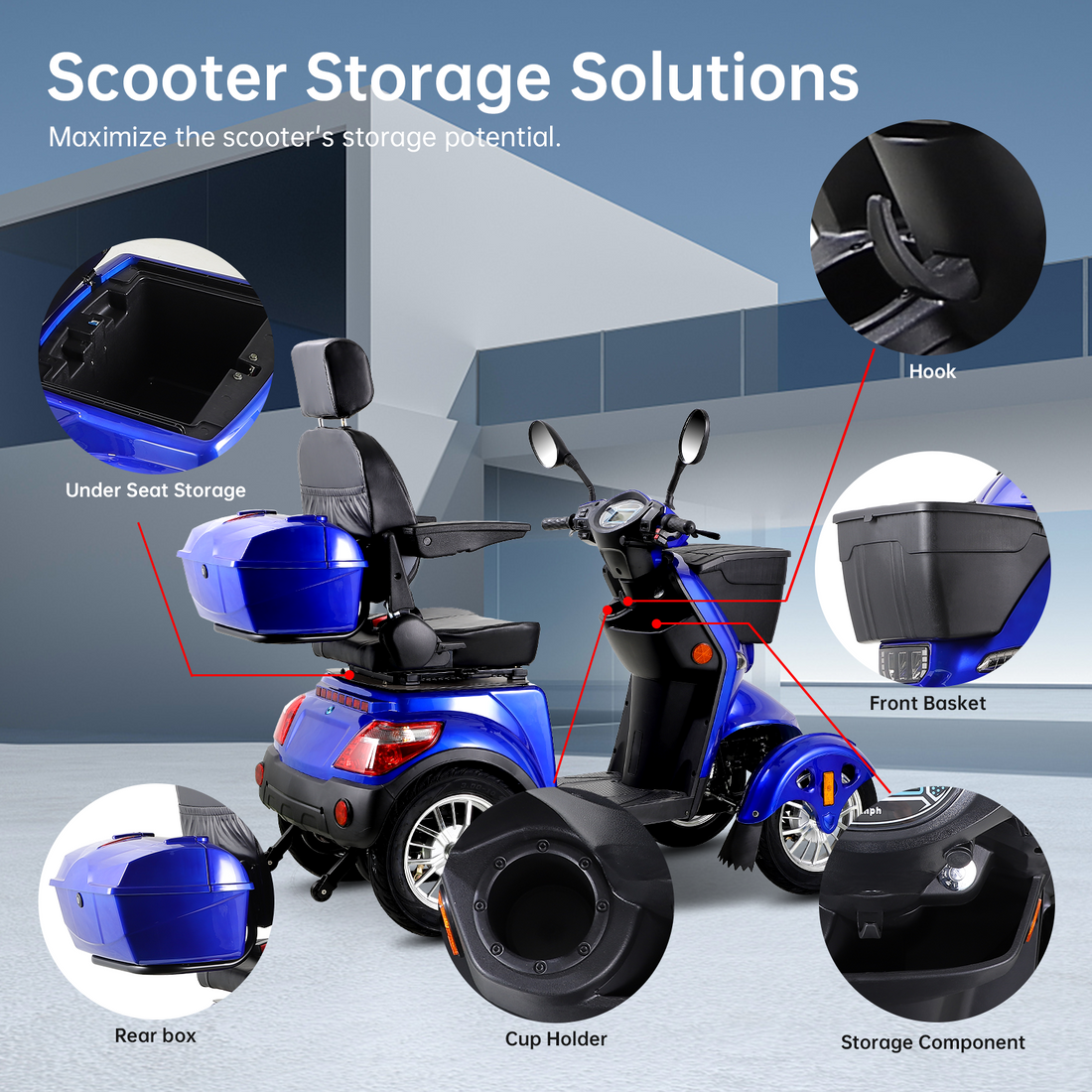 Xl3D4L Electric Mobility Recreational Travel Scooter For Adults,Mobility Scooters For Seniors, 4 Wheel Powered Mobility Scooters Blue Abs Pc Abs Pc