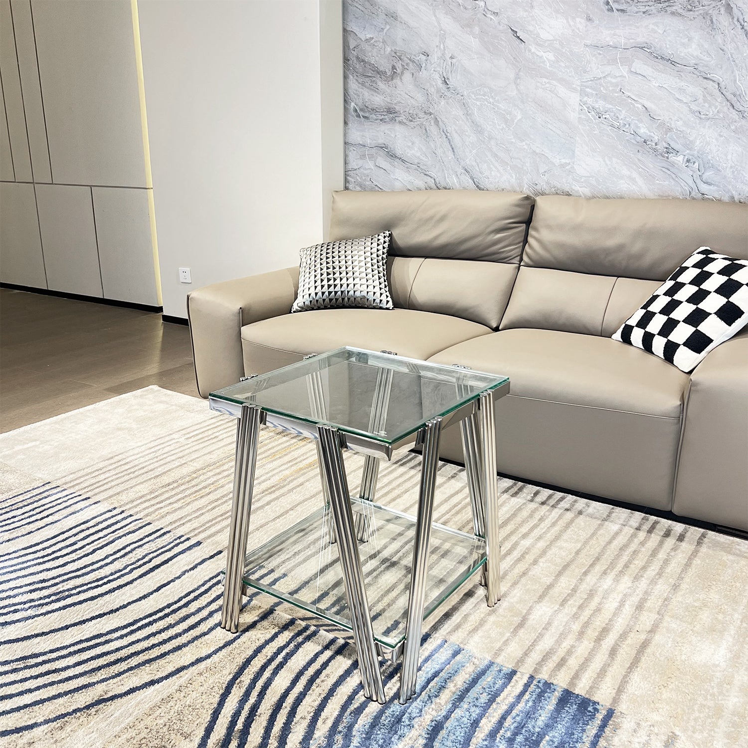 Silver Stainless Steel Double Layer Clear Tempered Glass End Table For Bed Room, Living Room Silver Clear Modern Square Stainless Steel,Tempered Glass