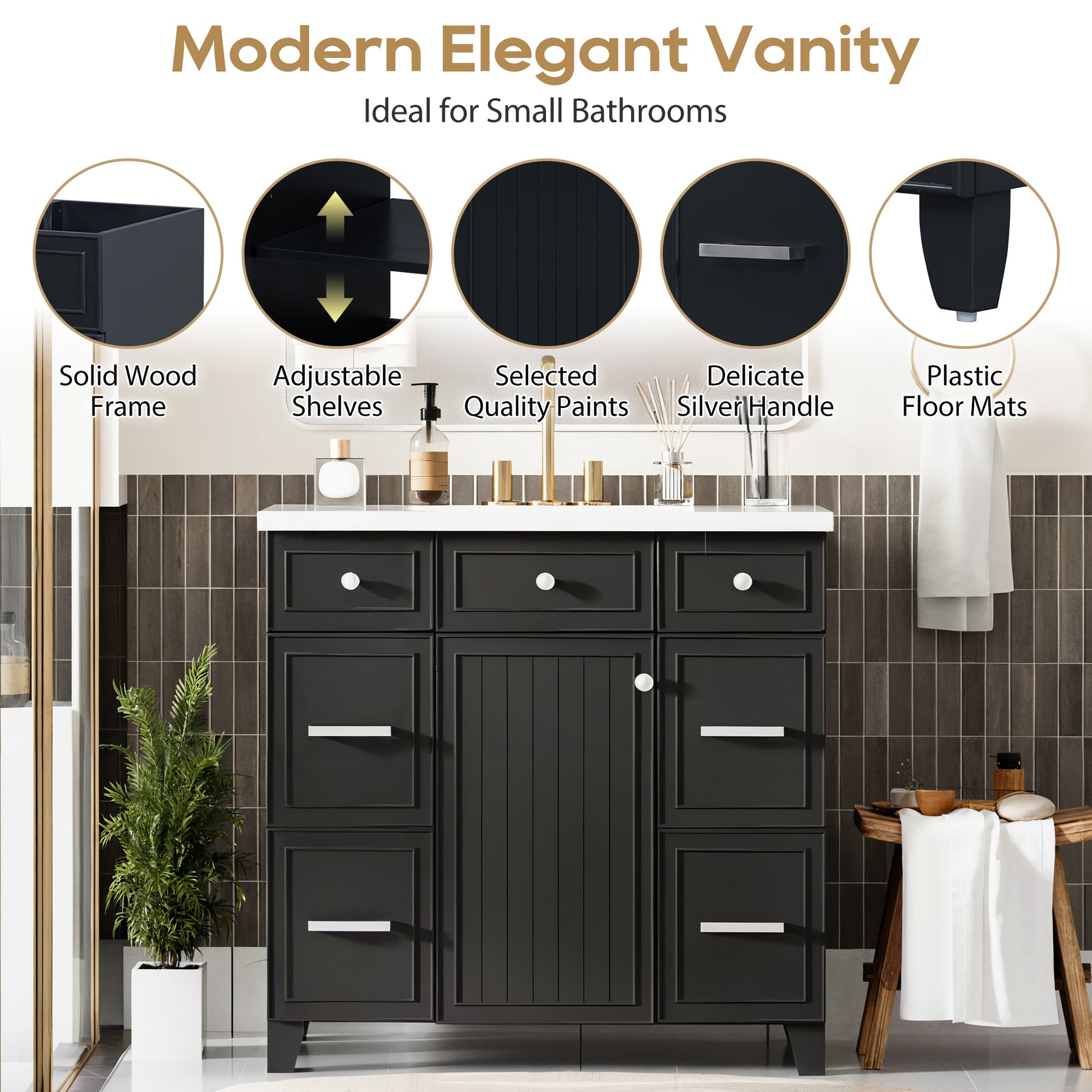 36" Bathroom Vanity Cabinet With Sink Top Combo Setblack ,Single Sink,Shaker Cabinet With Soft Closing Door And 3 Drawers Black Bathroom Solid Wood Mdf Resin