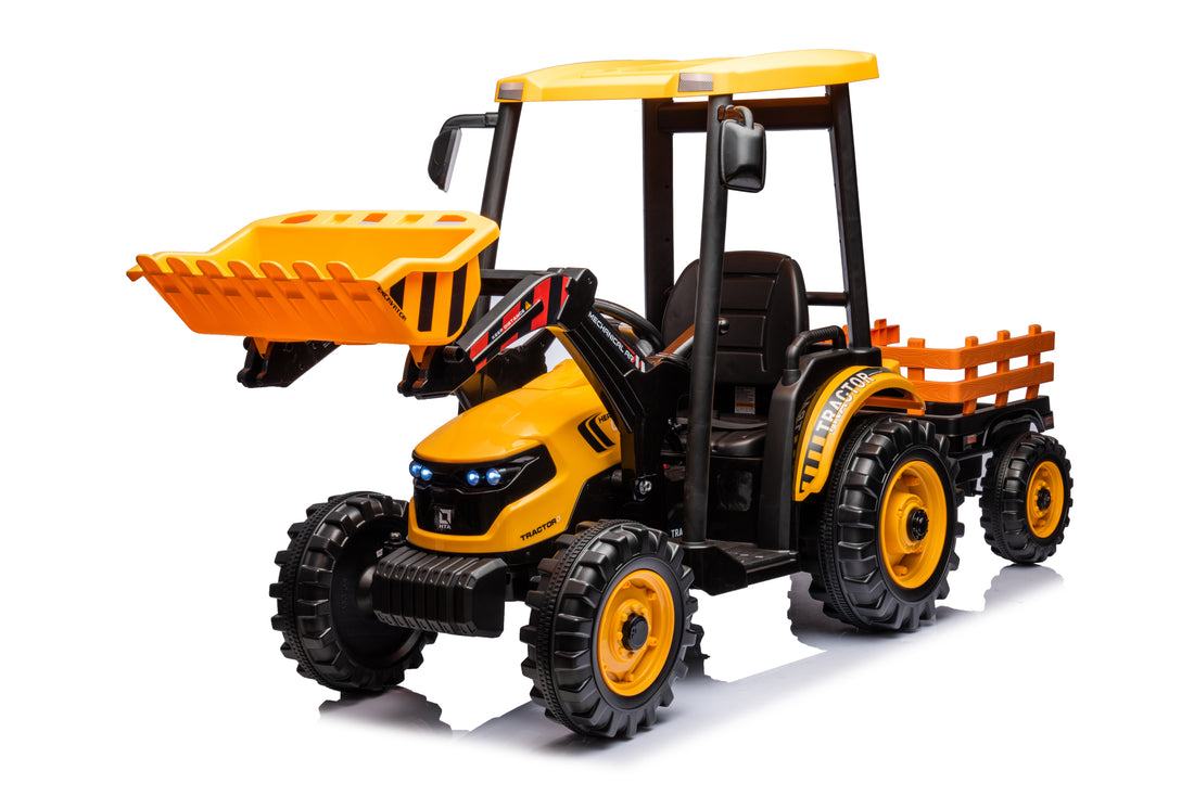 Pedal Tractors With Working Loader And Backhoe Digger, Kids' Ride On Car Toys 24V Battery Powered Electric Vehicles With Trailer, Digger For Toddlers Yellow Yellow Plastic