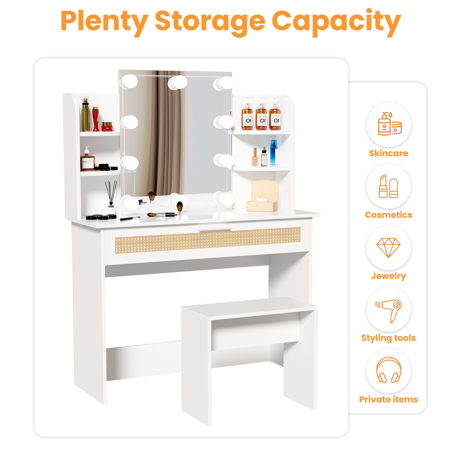 Vanity Desk Set Stool & Dressing Table With Led Lighting Mirror Drawer And Compartments Modern Wood Cosmetic Table Chest Of Drawers White Color Gloss White White 1 Drawer Bedroom Wood