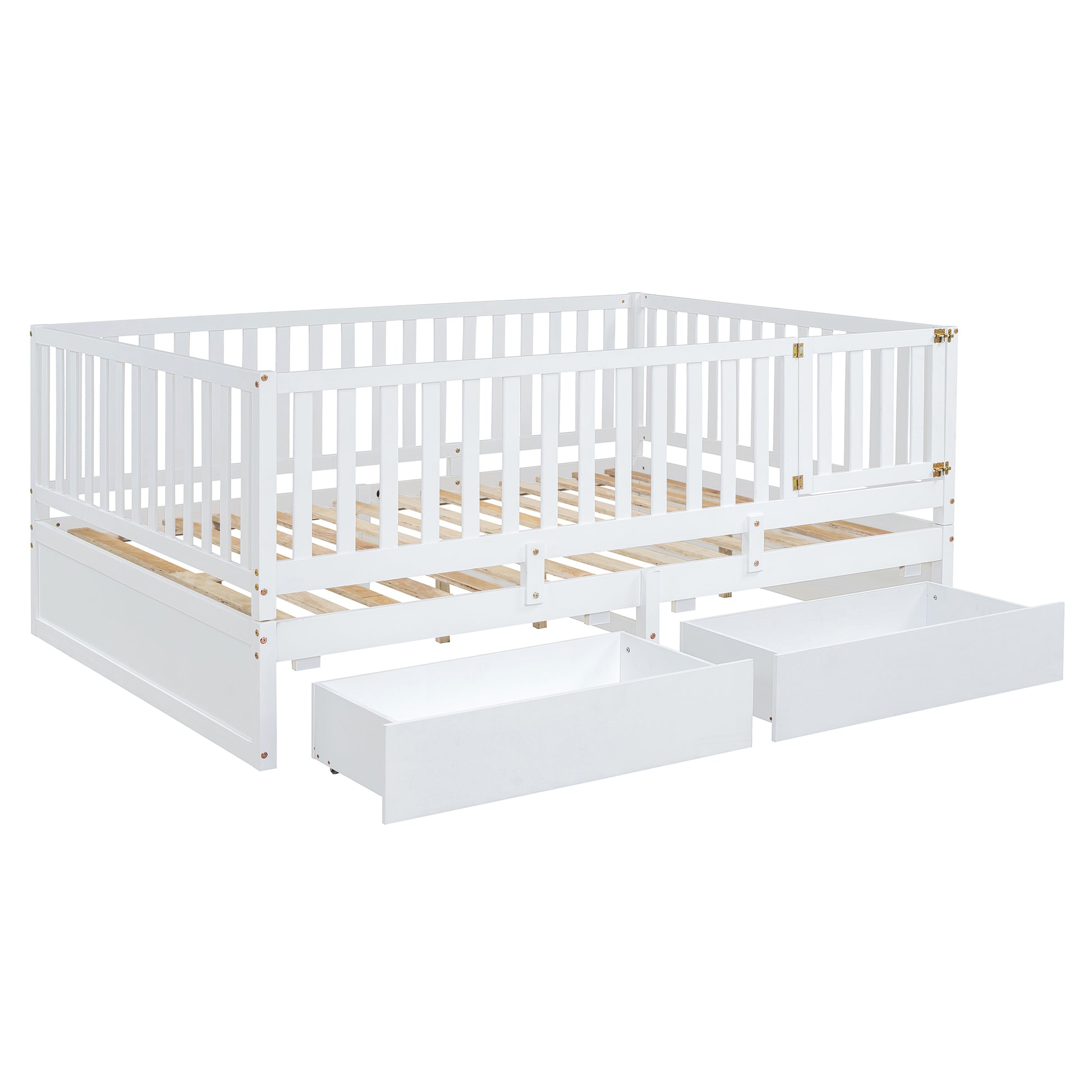 Full Size Wood Daybed With Fence Guardrails And 2 Drawers, Split Into Independent Floor Bed & Daybed, White Old Sku :Lp000882Aak Full White Solid Wood Mdf