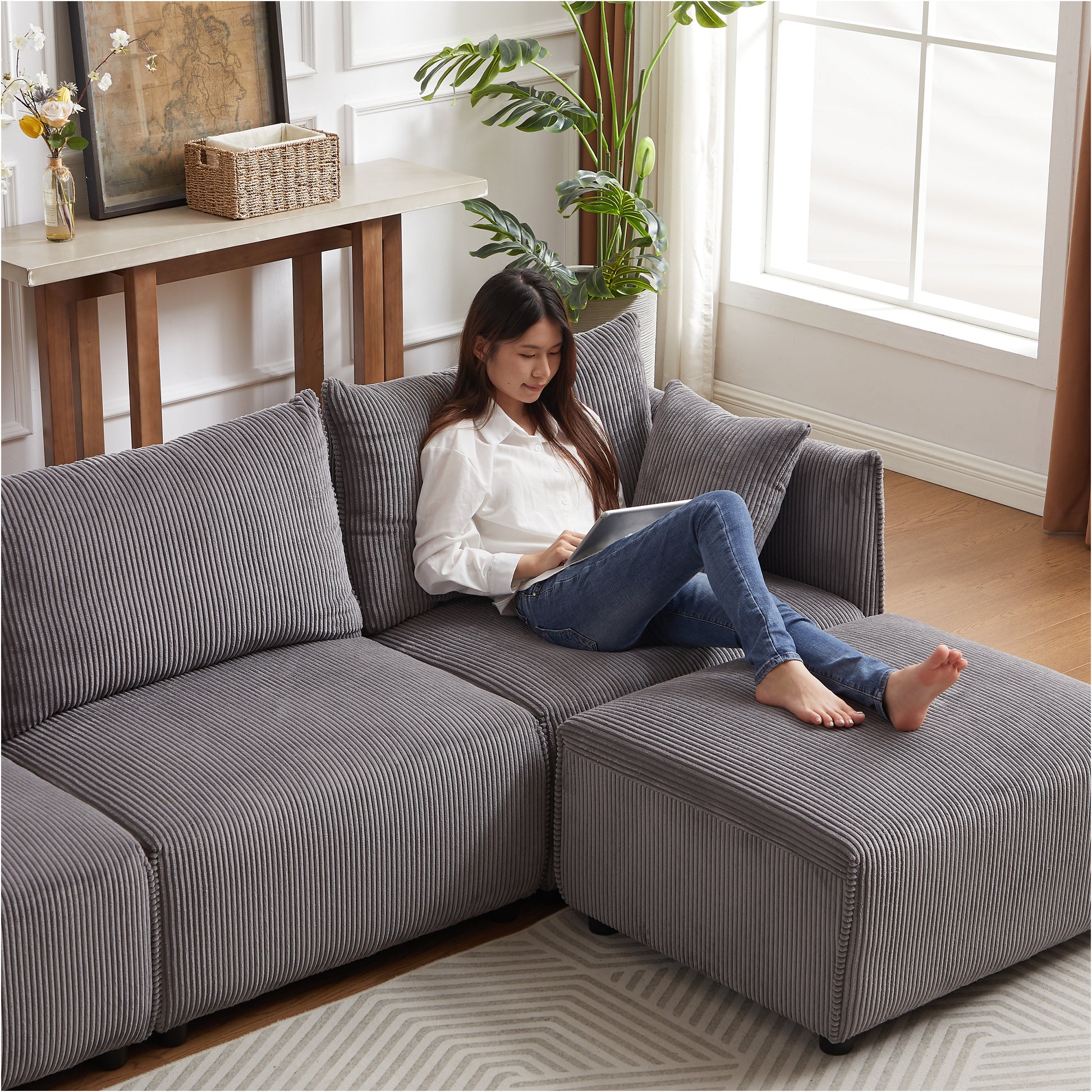 106" Multi Module Combination Style Sofa For Living Room, Bedroom And Other Lounge Spaces, Modern Minimalist Corduroy Combination Sofa With 2 Comfort Cushions With Usb & C Charging Ports Gray Gray Foam Fabric 4 Seat