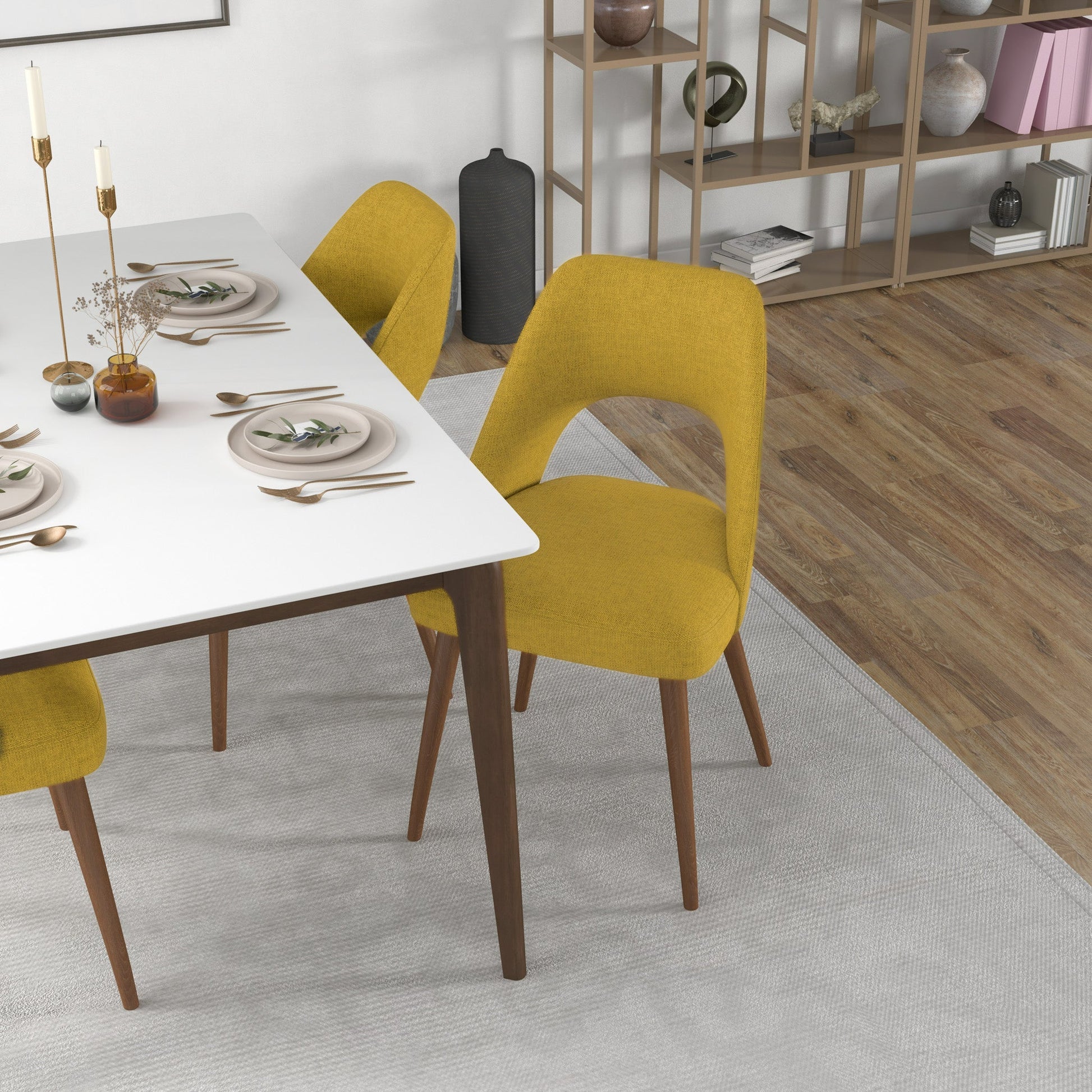 Juliana Mid Century Modern Yellow Fabric Dining Chair Set Of 2 Solid Brown,Yellow Dining Room Foam Wipe Clean Side Chair Open Back 1 Foam Fabric,Solid Wood