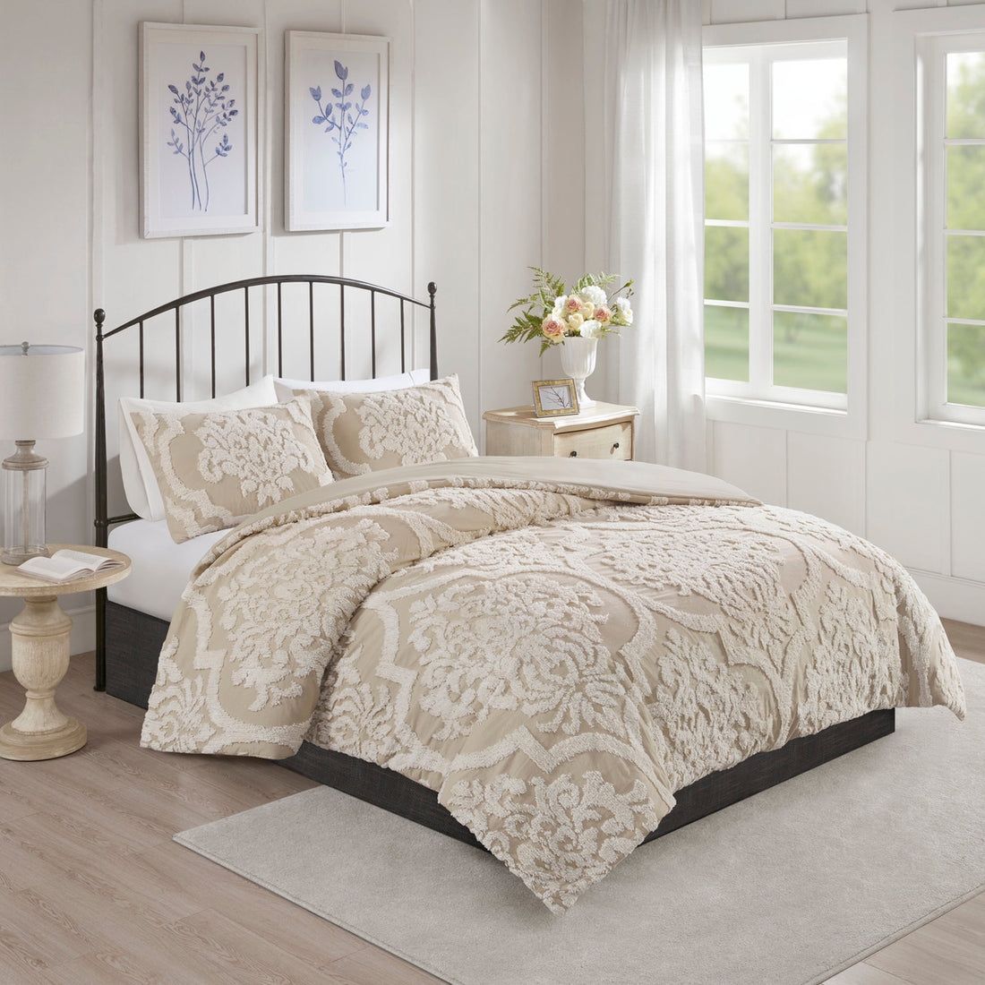 3 Piece Tufted Cotton Chenille Da Comforter Set Taupe King Cal King King Taupe Polyester
