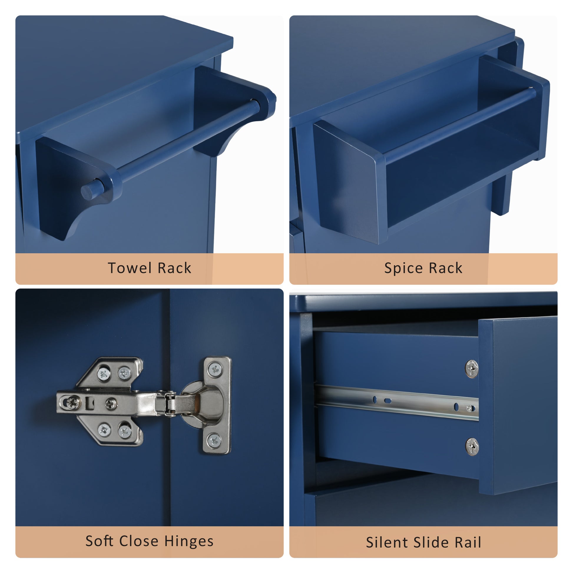 K&K 53.2'' Kitchen Island With Drop Leaf, Kitchen Storage Cart With Spice Rack, Towel Rack And 2 Drawers, Rolling Kitchen Island On Wheels With Adjustable Shelves For Kitchen, Dining Room, Navy Blue Navy Blue Brown Kitchen