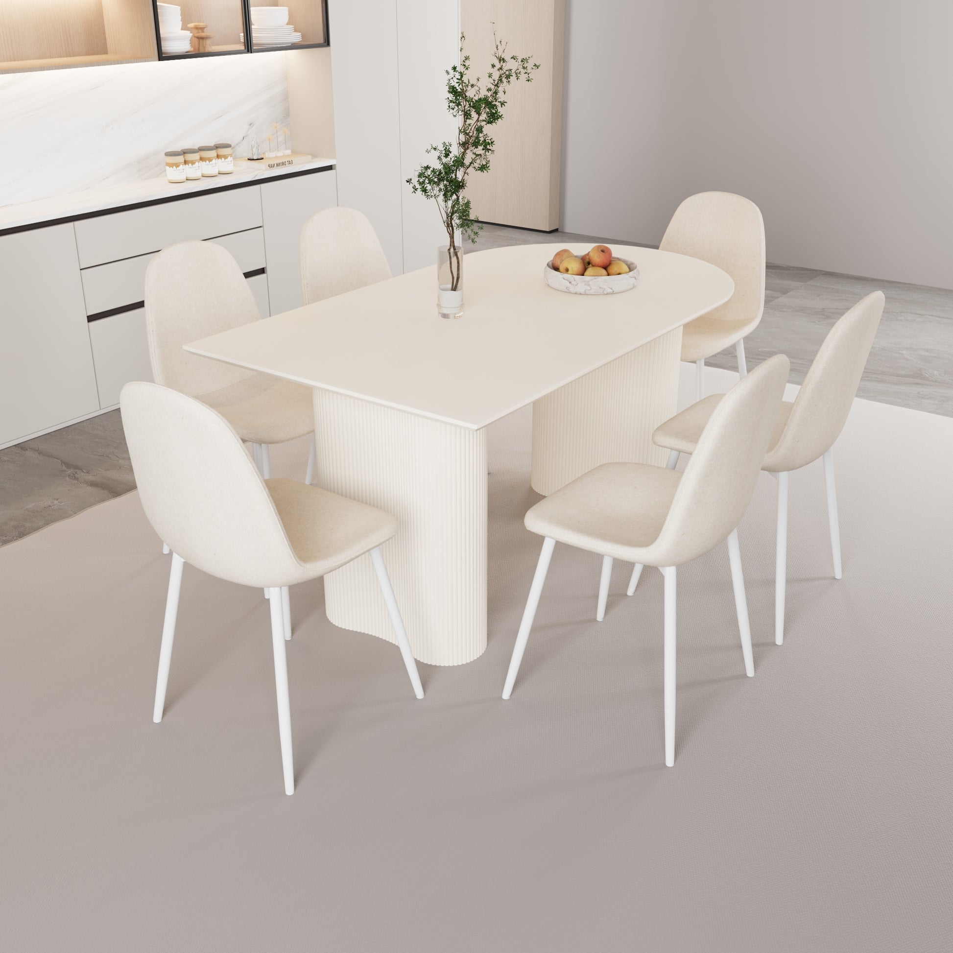 63 " Mdf Cream Style Dining Table And Modern Dining Chair 8 Piece Set, Modern Kitchen Dining Table Set, Round Wave Table Legs, Dining Table And Round Linen Chairs Buy 6 Chairs And Get 2 Free Beige