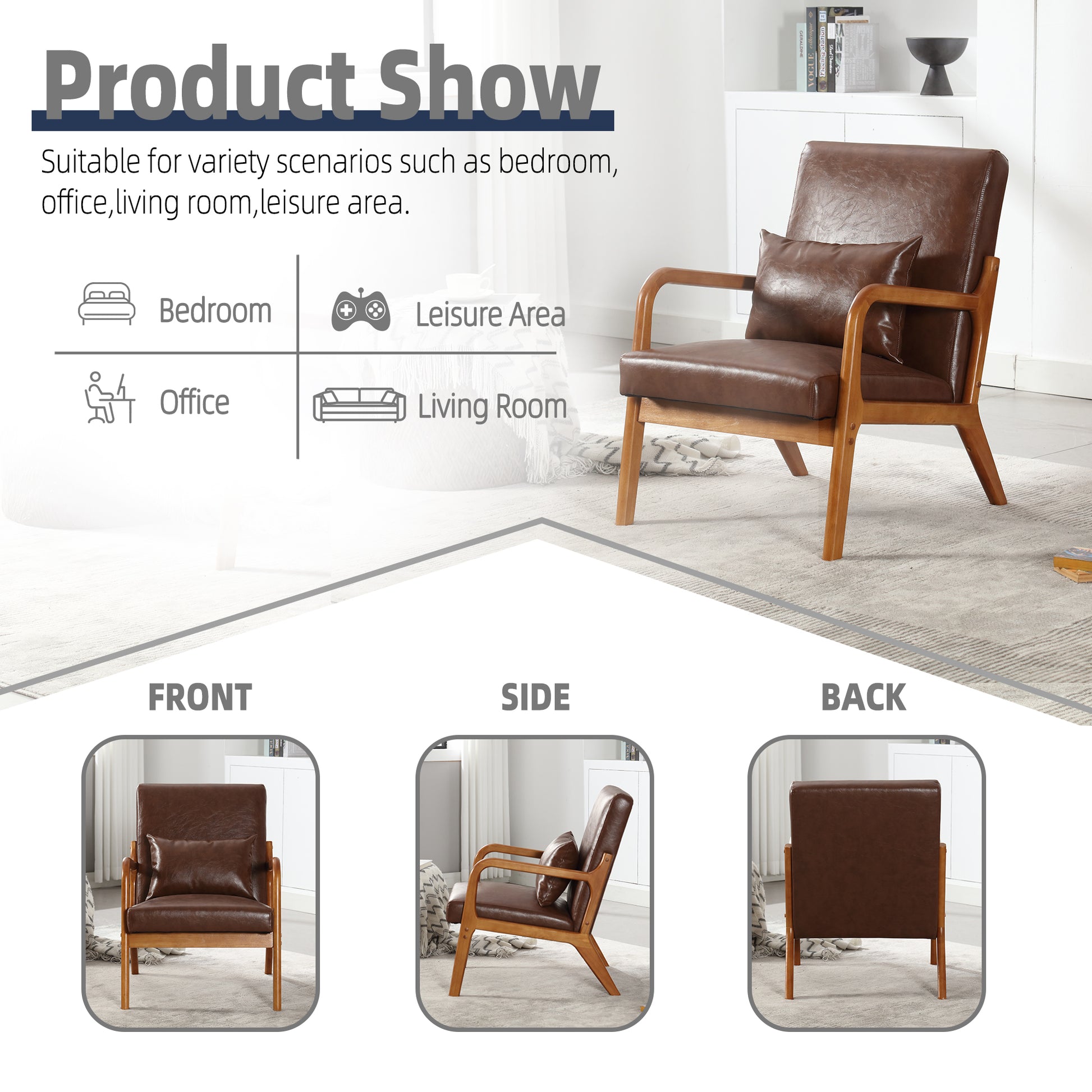 Coolmore Modern Accent Chair, Solid Wood Padding Lounge Armchairs With One Pillow For Living Room, Bedroom, Guest Room Brown Pu Brown Pu Brown Primary Living Space Modern Rubberwood Foam Pu Leather