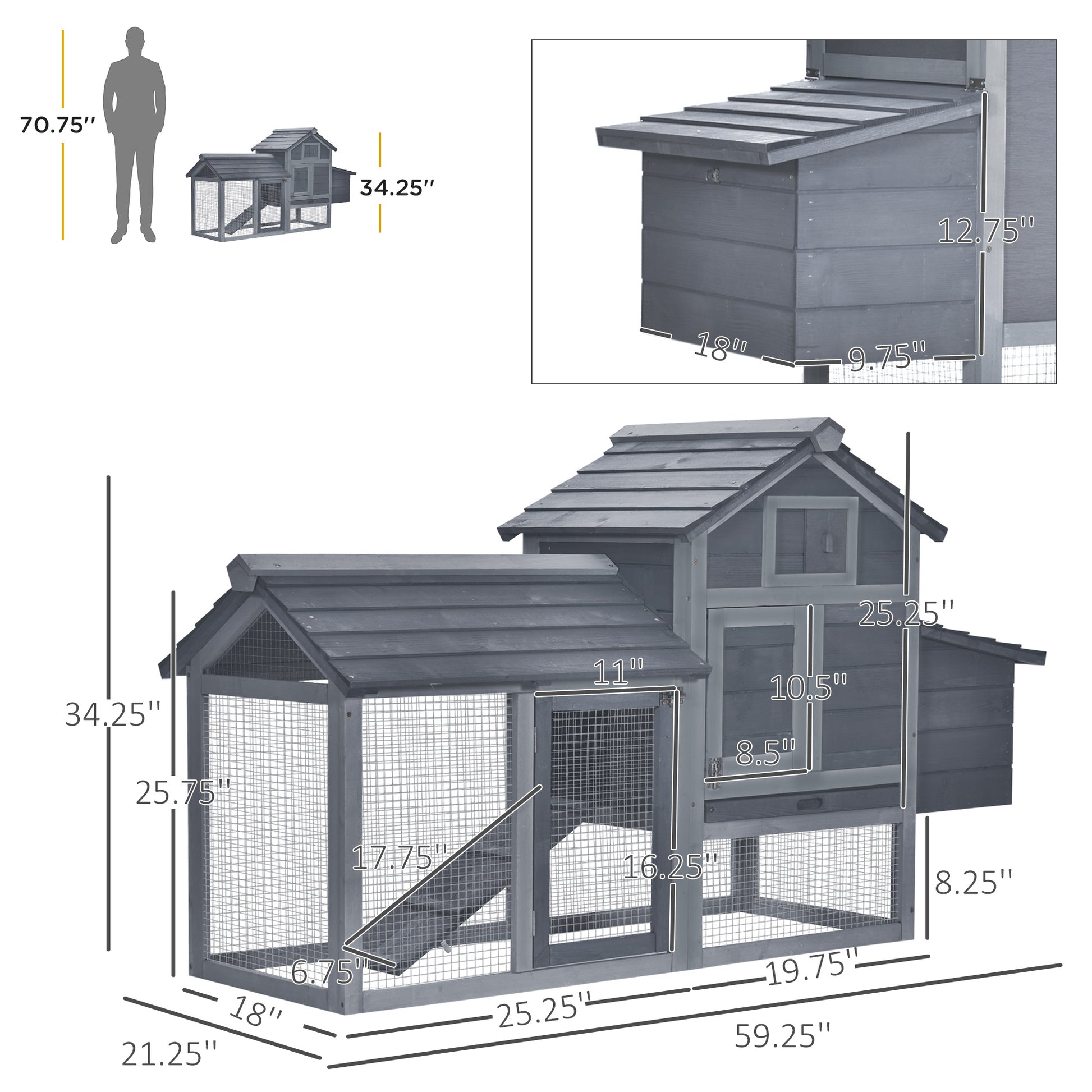 Pawhut 59" Small Wooden Chicken Coop Hen House Poultry Cage For Outdoor Backyard With 2 Doors, Nesting Box And Removable Tray, Gray Grey Wood