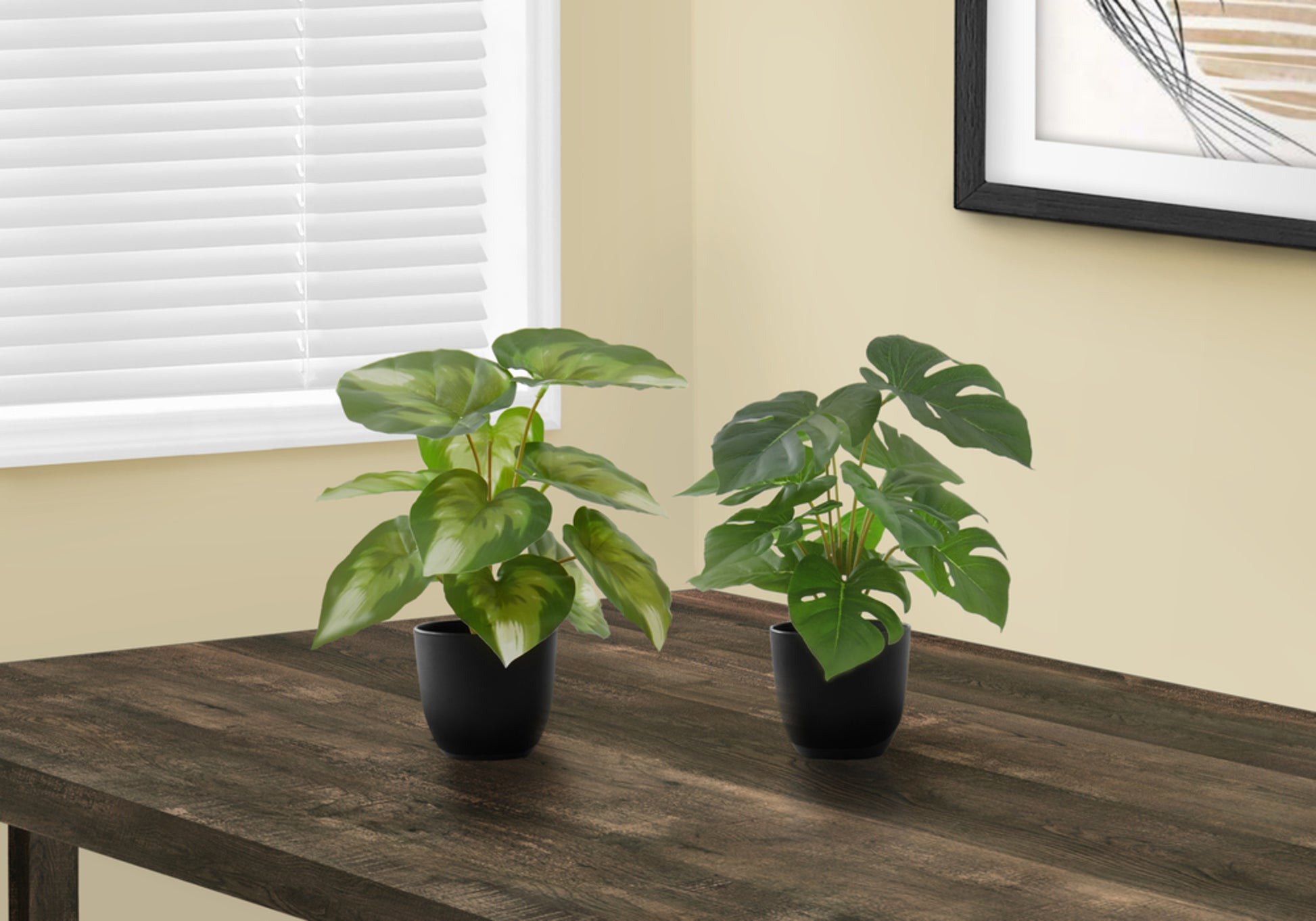 Artificial Plant, 13" Tall, Monstera Calthea, Indoor, Faux, Fake, Table, Greenery, Potted, Set Of 2, Decorative, Green Leaves, Black Pots Green Foam Plastic