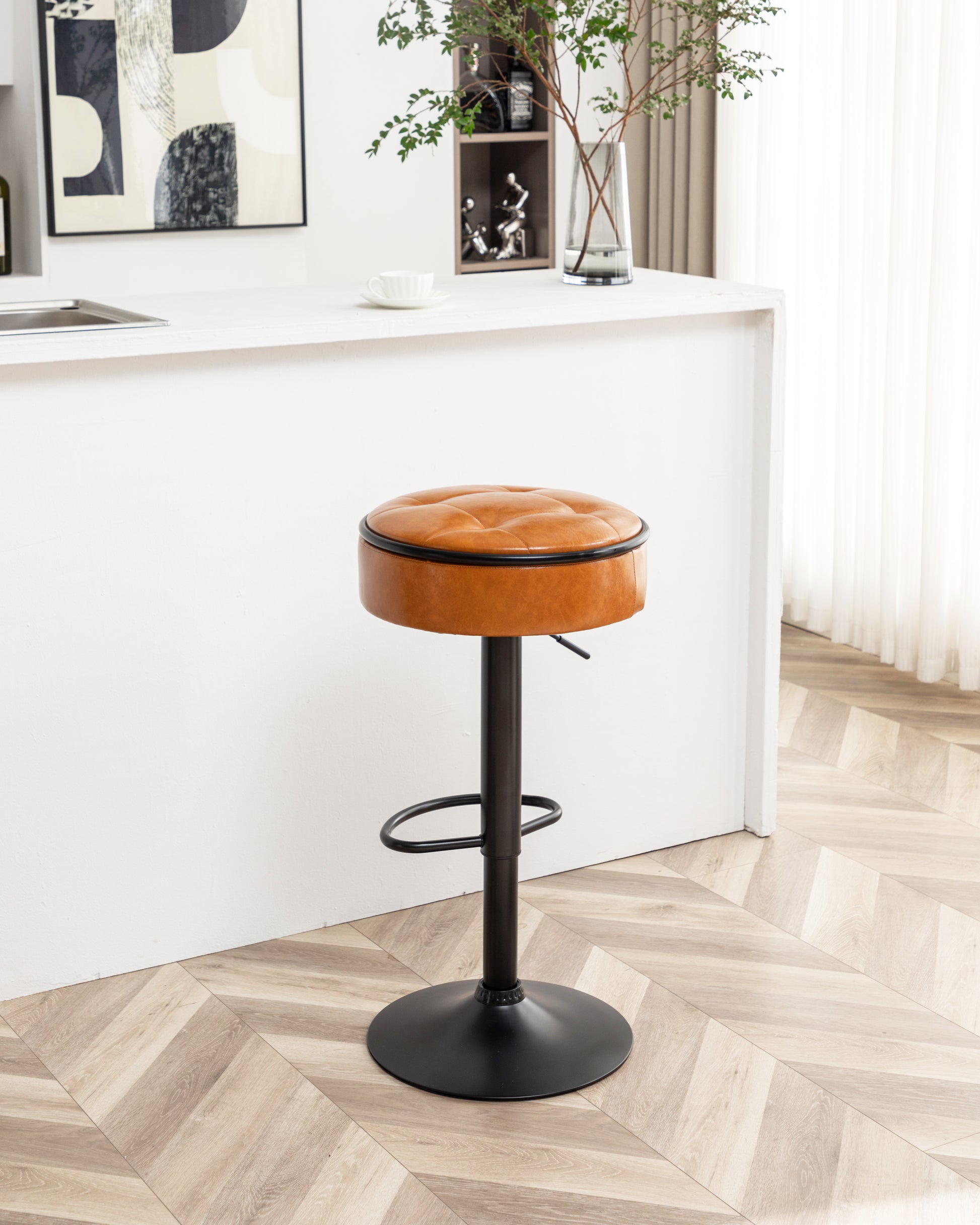 Round Storage Bar Stool Set Of 2, Brown Faux Leather Height Adjustable Barstool, 360 Counter Height Swivel Stool, Armless Bar Chair With Metal Frame For Kitchen Counter Dining Living Room Brown Set Of 2 Foam Pu Leather