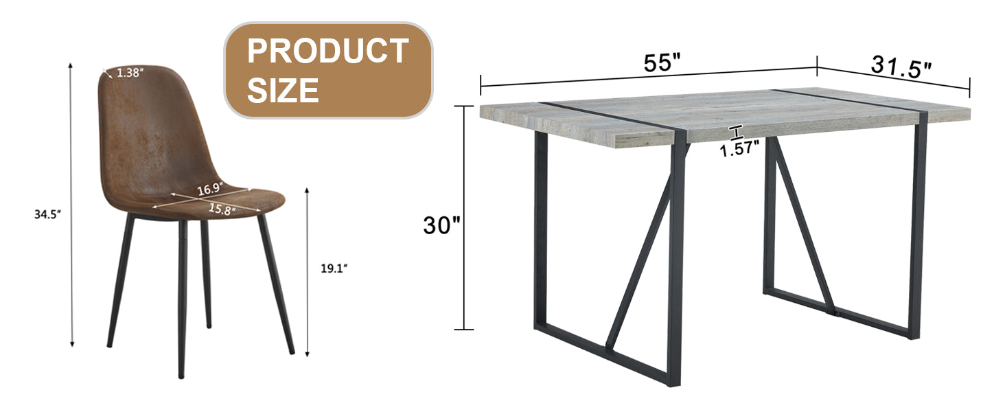 Table And Chair Set. A Minimalist Retro Rectangular Dining Table With A Specially Textured Top And Black Metal Legs, Paired With 6 Soft Chairs And Black Metal Legs, Showcases A Beautiful Home Style.