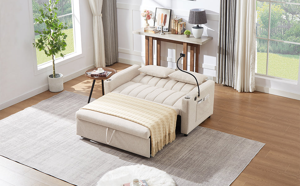 55.9" Convertible Sofa Bed Loveseat Sofa With Three Usb Ports, Two Side Pockets, Two Cup Holders And 360 Swivel Phone Holder For Living Room, Beige Beige Foam Polyester