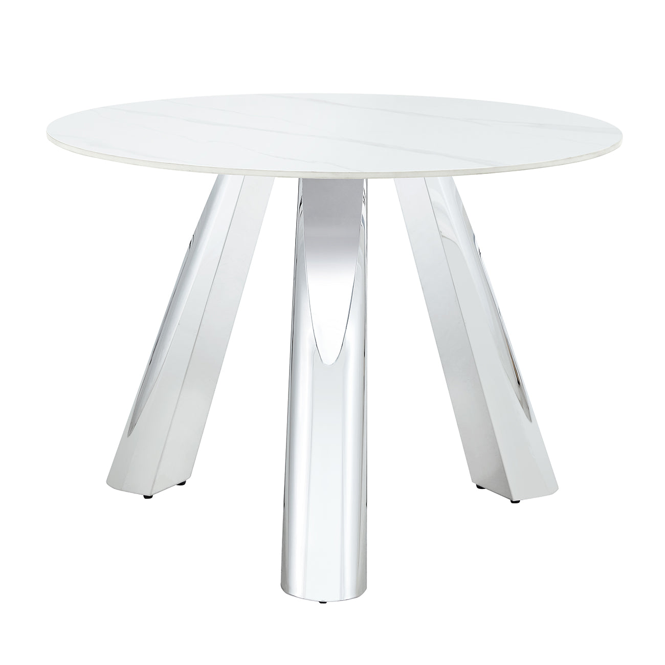 A 42 Inch Stainless Steel Leg Round Table With A Marble Top Is Suitable For Use By Four Or Six People Warm Grey,White Marble Metal,Sintered Stone